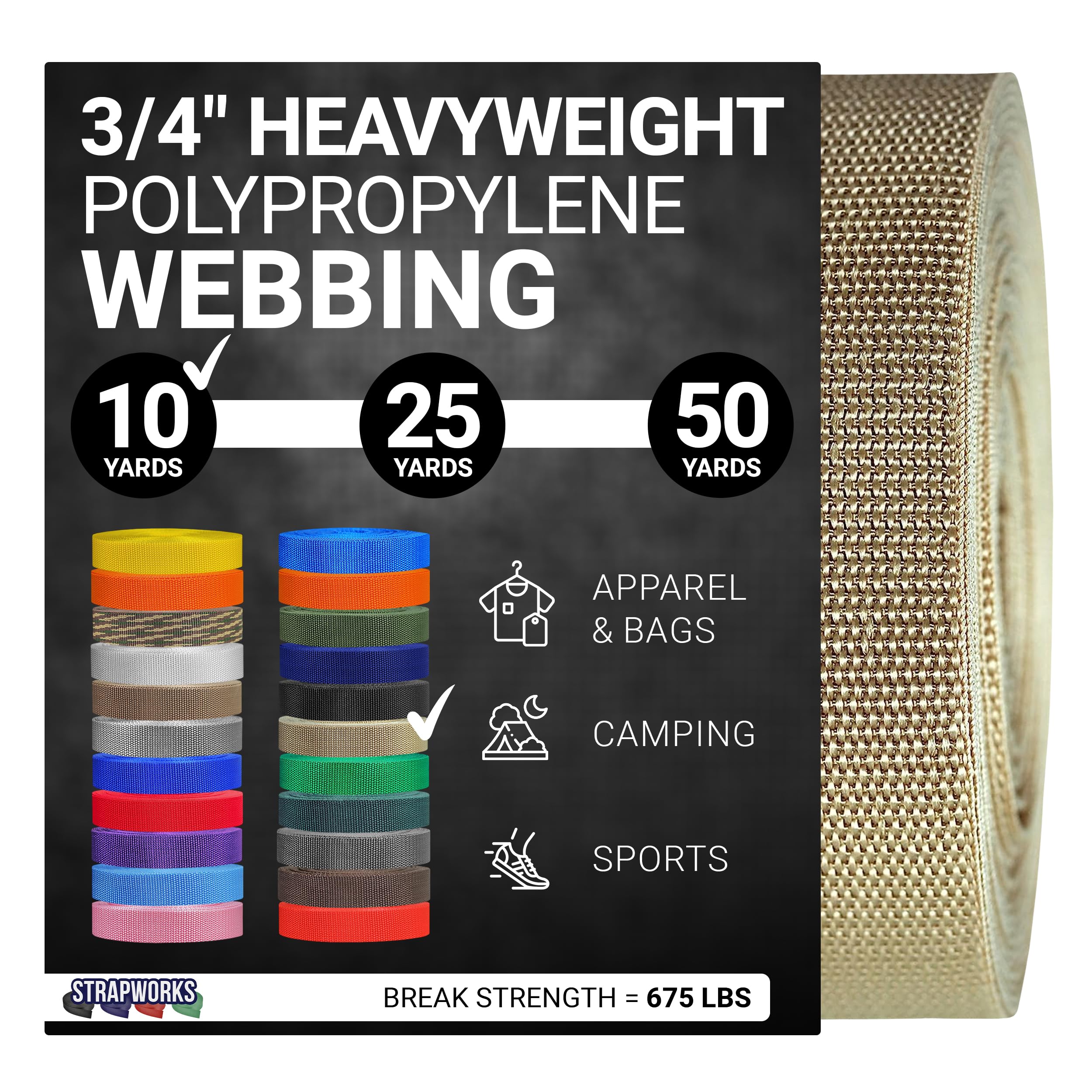Strapworks Heavyweight Polypropylene Webbing - Heavy Duty Poly Strapping for Outdoor DIY Gear Repair, 3/4 Inch