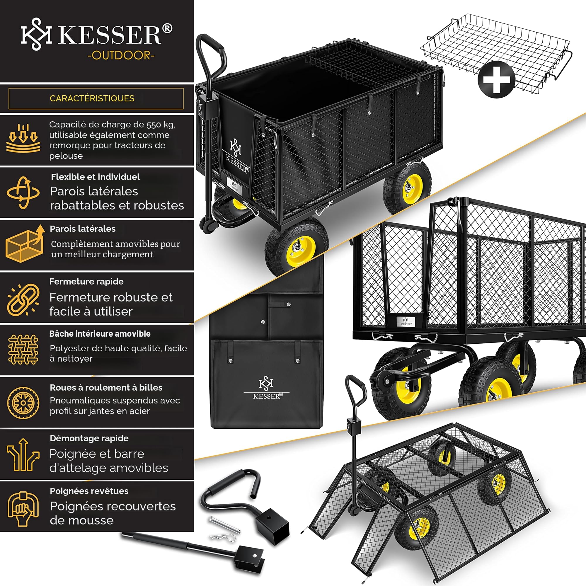 KESSER® Chariot de Transport 550 kg - Transport, Jardinage, Outils - Bras Nouveau - Noir