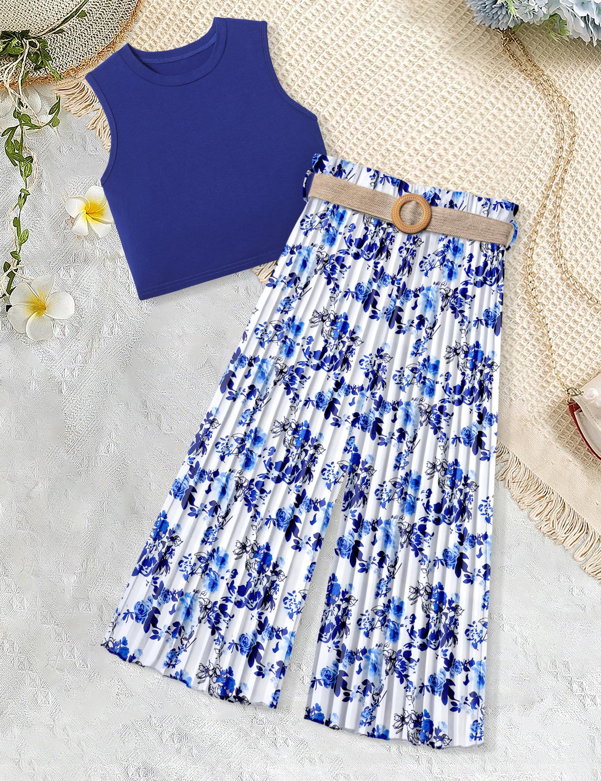 BAVADER Ropa para niñas de 6 a 16 años, camiseta corta sin mangas + pantalones plisados de pierna ancha para niñas, trajes de verano de 2 piezas