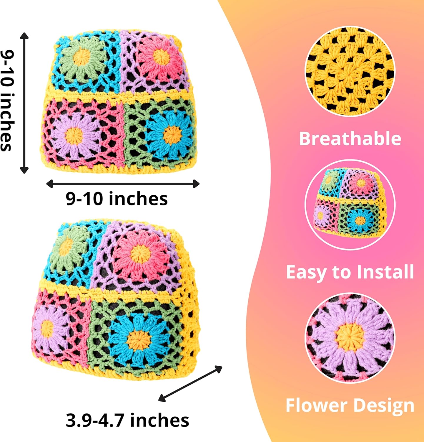 Crochet Seat Headrest Cover, Car Head Rest Protector, Cute Sunflower Car Accessories for Women, Universal Seat Cover Boho Car Decor Fit Sedans,SUVs,Trucks (2)