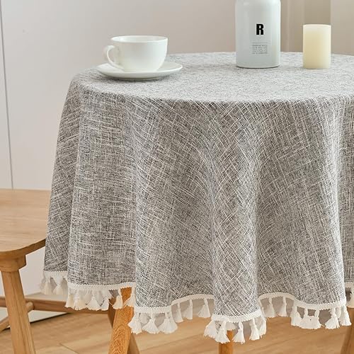 Miniatura 4 de Mantel redondo de algodón con aspecto de lino de 48 pulgadas48.0 in resistente al agua, borde de borla, cubierta suave de color sólido para cocina