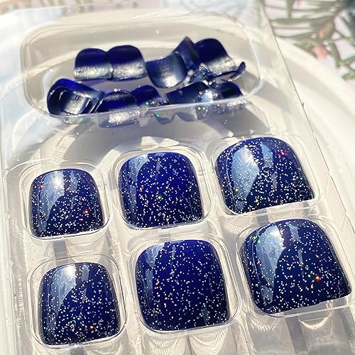 Miniatura 6 de Uñas postizas de primavera y verano, color azul oscuro, cortas, cuadradas, a presión, con diseños de explosión, brillantes, para mujeres y niñas,