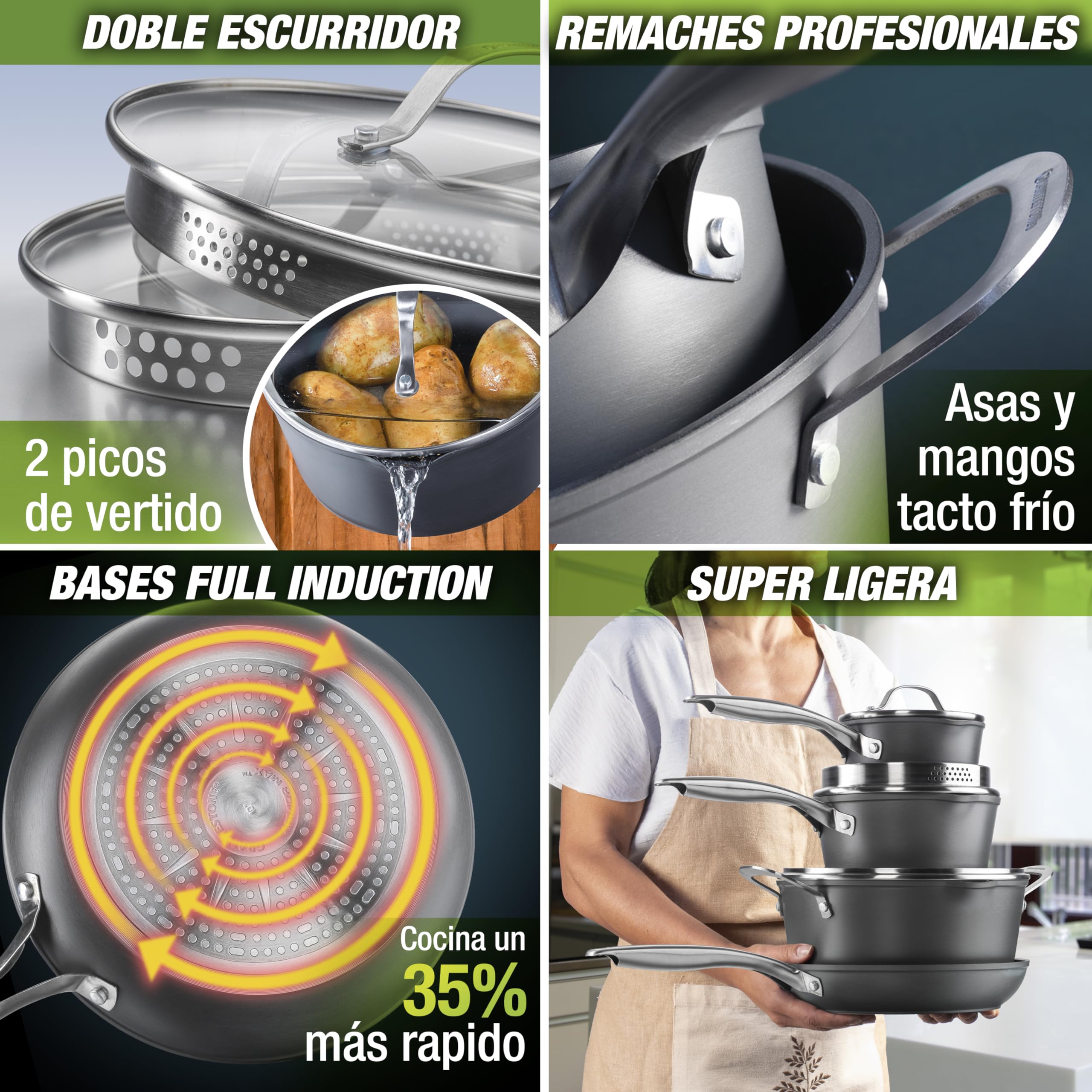 Galería del Coleccionista Batería de Cocina ARMOR MAX 20 Piezas, Ultra-resistente: no se raya ni abolla ¡y es apta para el horno! Super-antiadherente: no se pega nada nunca. Incluye Set de Cuchillos