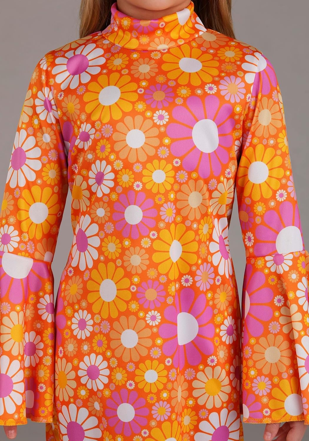 Girls Far Out Flower Dress Costume with Long Bell Sleeves | 60s 70s Hippie Theme Outfit - Image 4