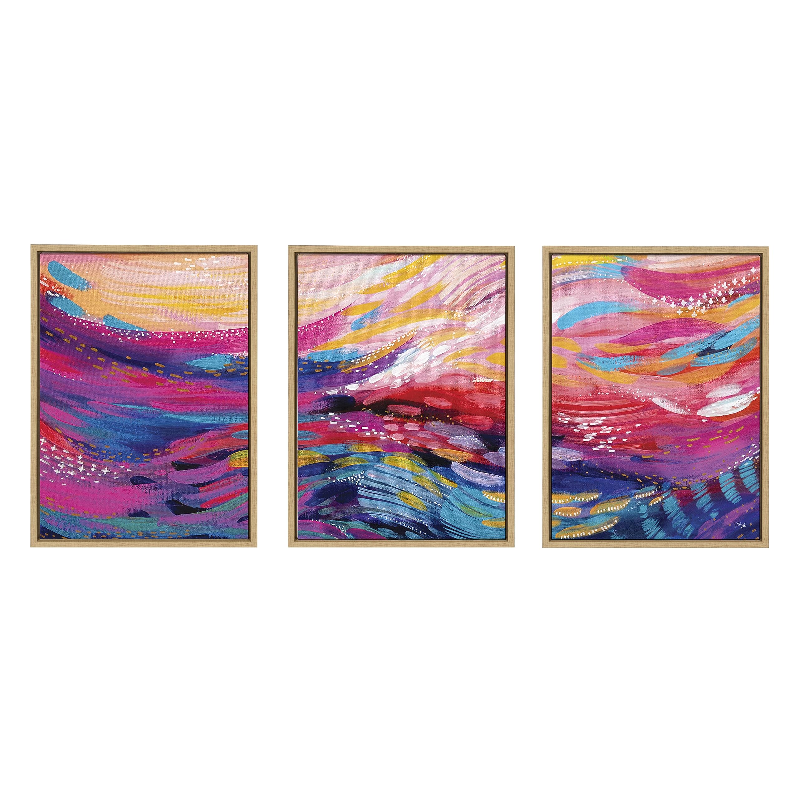 Kate and LaurelSylvie EV Brush Strokes 90 A, B and C Framed Canvas Wall Art Set by Jessi Raulet of Ettavee, 3 Piece Set 18x24 Natural, Colorful Abstract Art for Wall