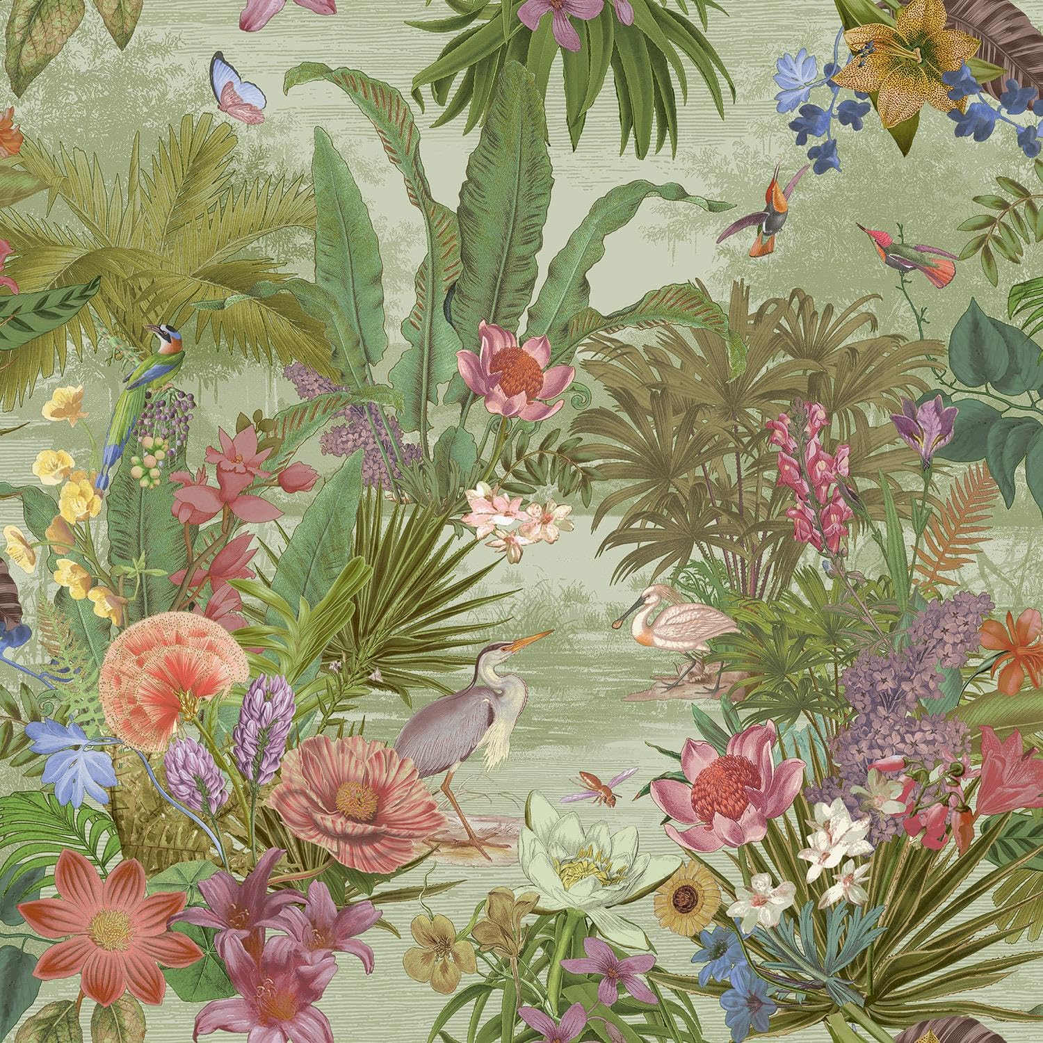 Floral Hall Green Wallpaper - Flowers Botanical Birds Leaves Naturistic - Stylish Feature Wall Textured Paste The Wall