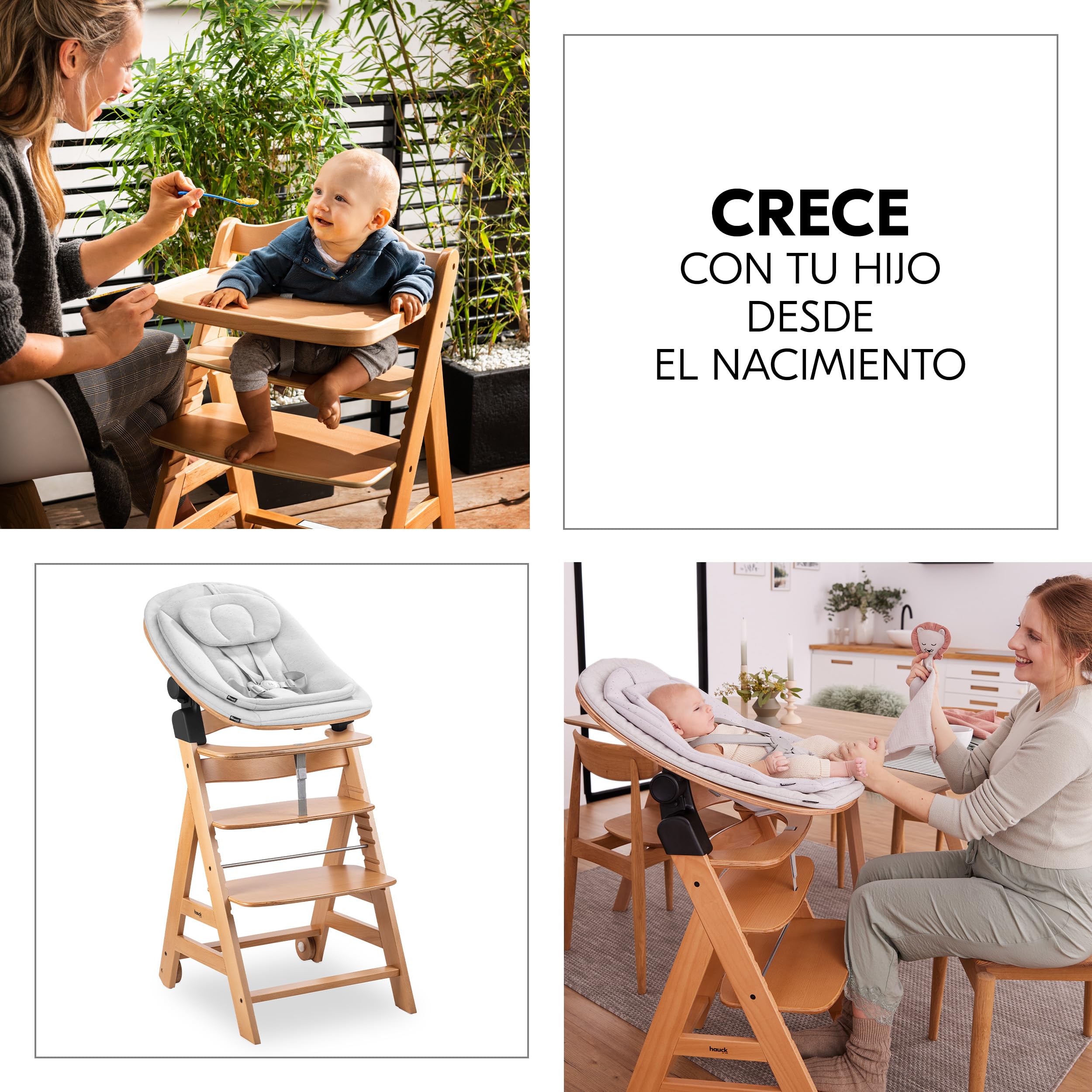 hauck Beta Plus Newborn Set Eco Bouncer Trona de Madera para Bebé desde el Nacimiento - Sillas Tronas para Niños con Hamaca Recién Nacidos Cojín y Bandeja - Natural