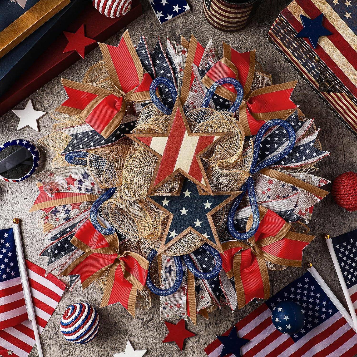 Rustic 250th Anniversary Patriotic Wreath for Front Door 14 Inch 4th of July Red White Blue Star Front Door Garland Memorial Day Hanging Wreath for Independence Day Home Decor - Image 4