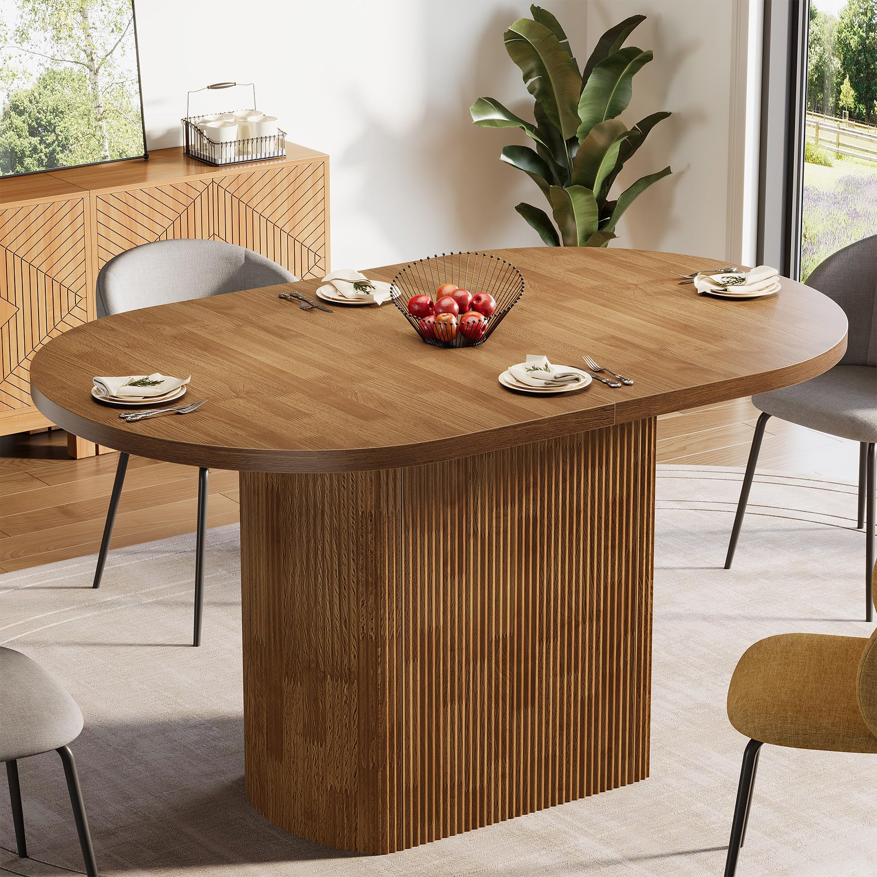 Tribesigns Mesa de Comedor para 4 Personas, 120 cm, Ovalada Mesa de Cocina Rústica de Madera con Base de Madera, Mesa de Comedor Pequeña para Comedor, Cocina, Sala de Estar, Marrón