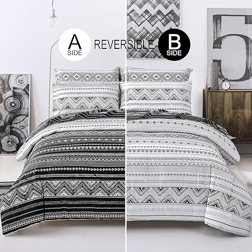 Miniatura 5 de Juego de edredón bohemio tamaño King, 7 piezas, ropa de cama azteca negra en una bolsa, reversible, de microfibra suave tamaño King (1 edredón, 2