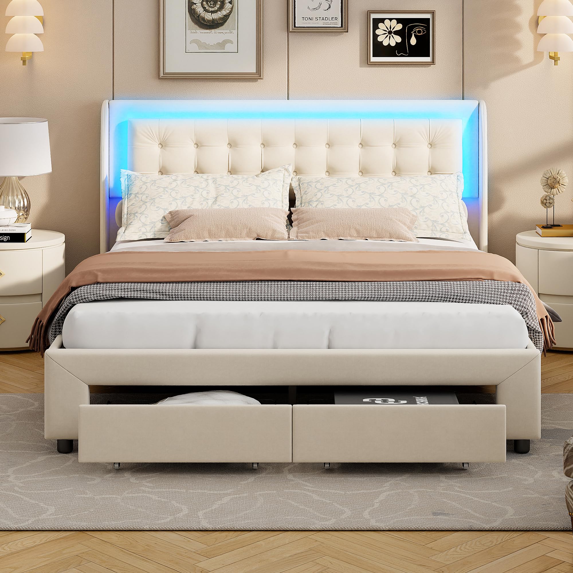 DULRLLY Lit Coffre 180x200 avec Éclairage LED et Rangement, Lit 2 Places avec 2 Tiroirs Rangement, Cadre de Lits avec Sommier à Lattes pour Adults et Ado, Sommier à Lattes, sans Matelas