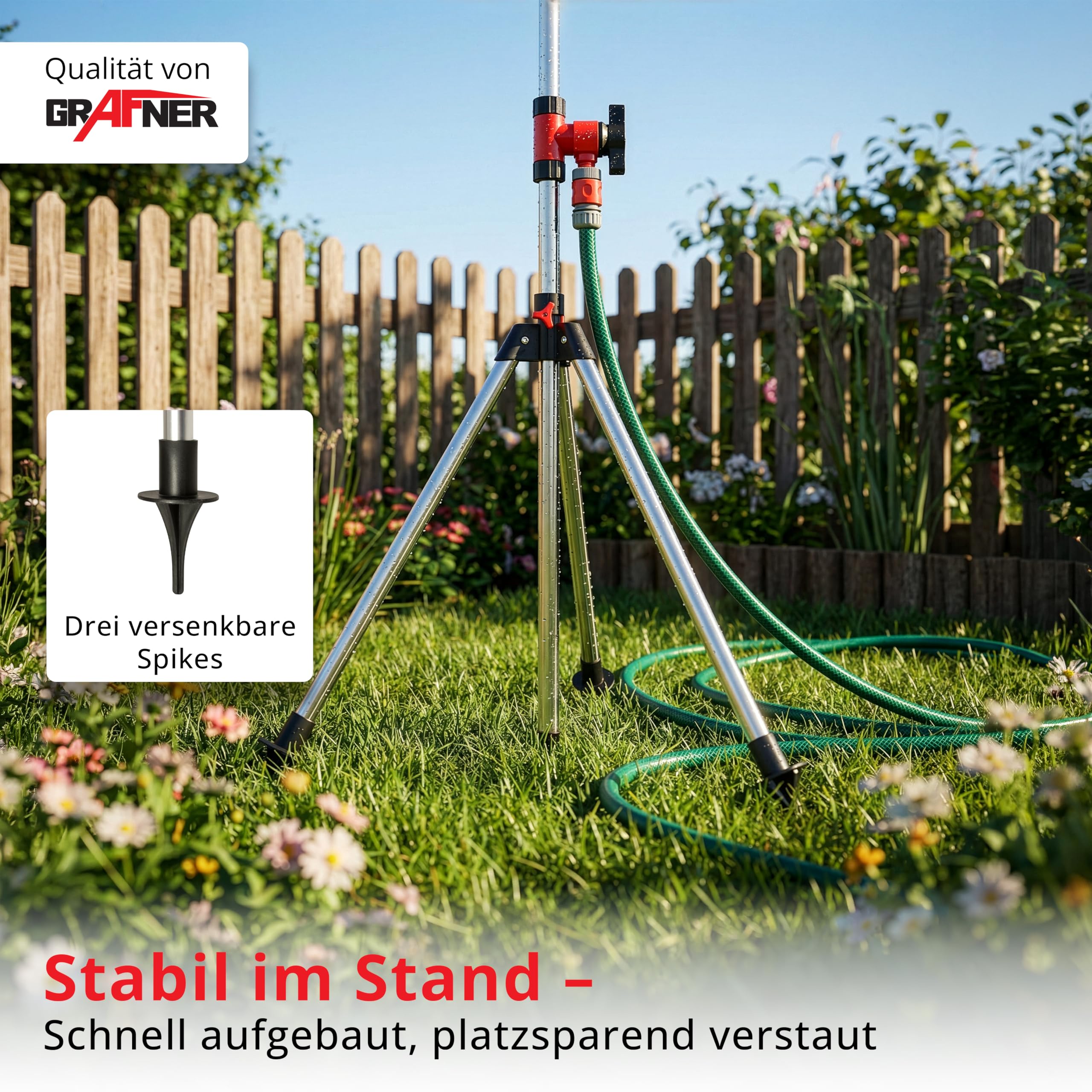 Grafner Aluminium Gartendusche mit Teleskopstativ, höhenverstellbar 172-275 cm, Duschstrahl stufenlos verstellbar, mit massiven Erdankern für optimal Stand, leicht & schnell aufgebaut, Campingdusche