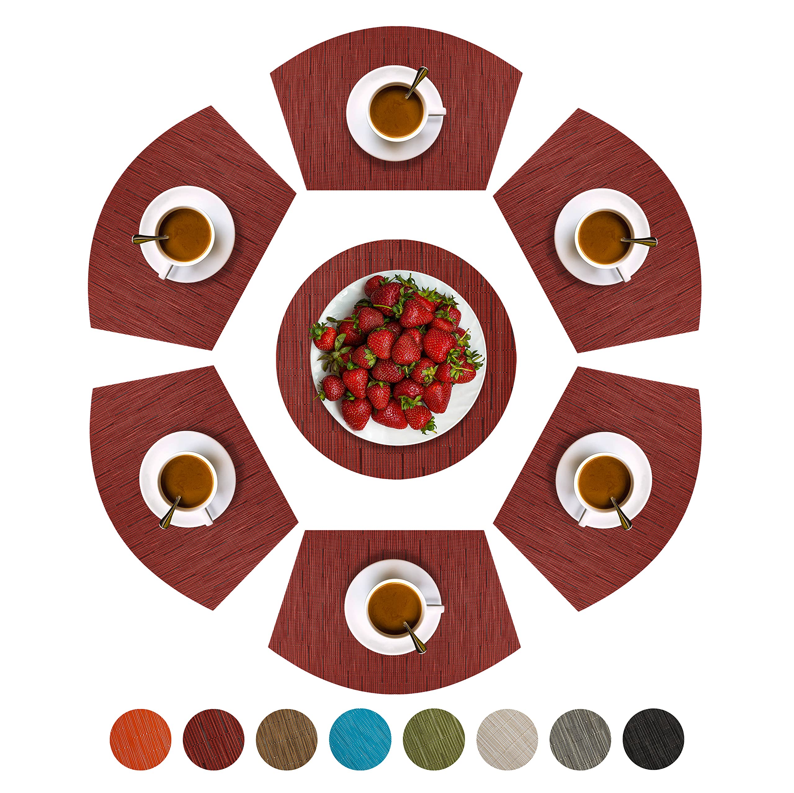 SnowKingdom Round Table Placemats Set of 7 Heat Resistant Decorative Placemats Wedge Placemats for Restaurant Hotel Party Burgundy