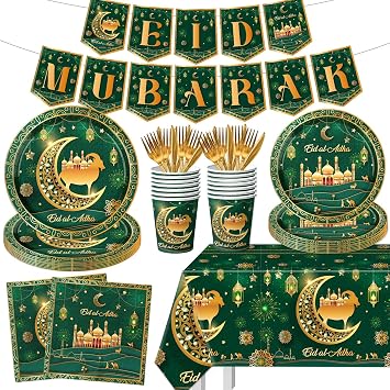 Eid Mubarak Decorations,142pcs Eid Al Adha Tableware Include Ramadan Plates Cups Set Tablecloth Banner for Muslim Theme Ramadan Party Supplies,Severs for 20 Guests