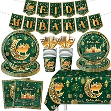 Eid Mubarak Decorations,142pcs Eid Al Adha Tableware Include Ramadan Plates Cups Set Tablecloth Banner for Muslim Theme Ramadan Party Supplies,Severs for 20 Guests