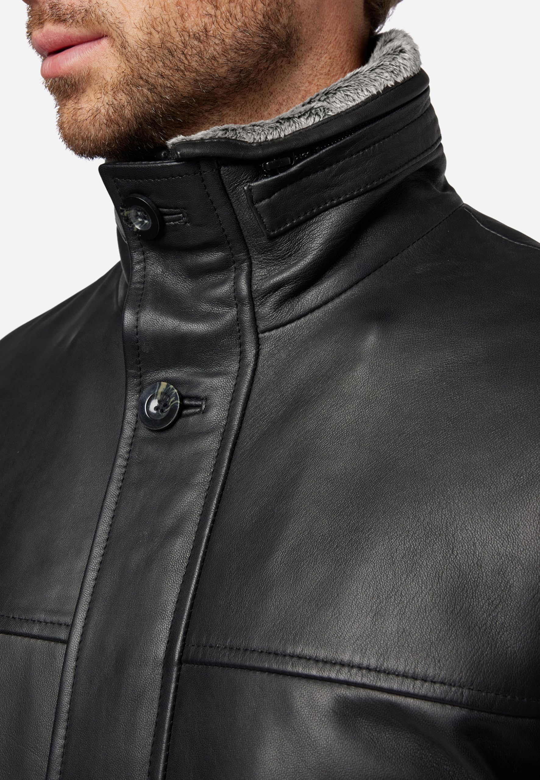 RICANO Jemenez - Herren Leder-Kurzmantel mit Stehkragen, abtrennbarer Kunstfellfütterung und Zierzipper (Slim Fit) - hochwertiges Lamm Nappa Leder