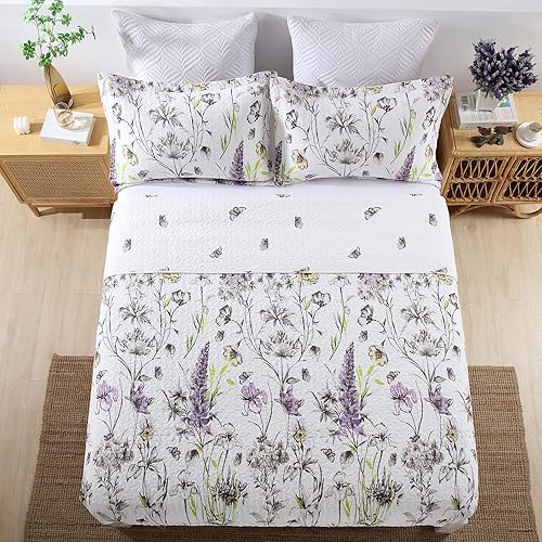 Miniatura 3 de Finlonte Colcha floral tamaño King, 100% algodón, edredón botánico amarillo, patrón de hojas florales, edredón acolchado, ligero y reversible, suave