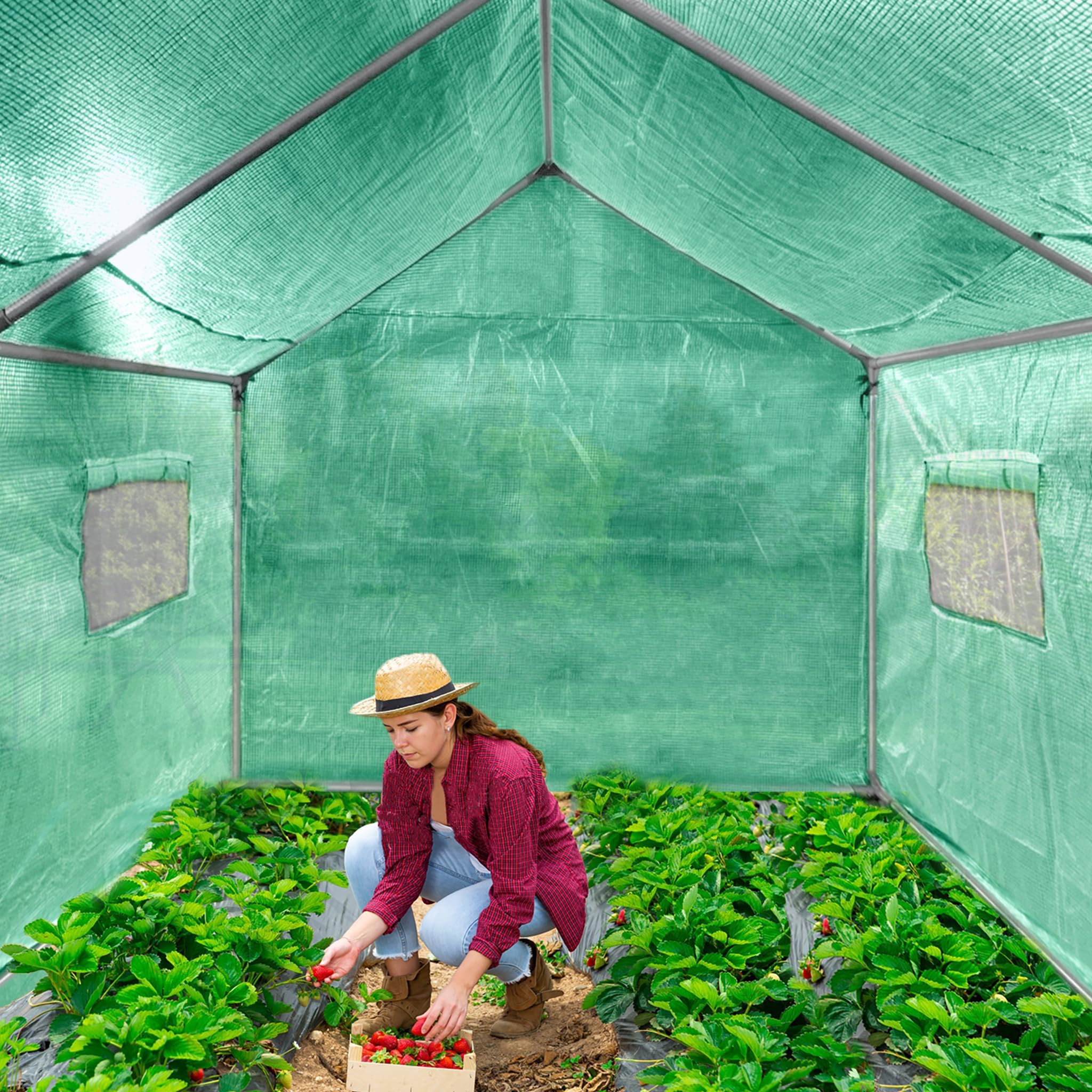 LZQ Invernadero con láminas de aluminio,4,5 x 2 x 2 m,para tomates, resistente al invierno, túnel con rejilla de rejilla y estribo,base de acero,anclaje de tierra inclinado,casa de plantas,color verde