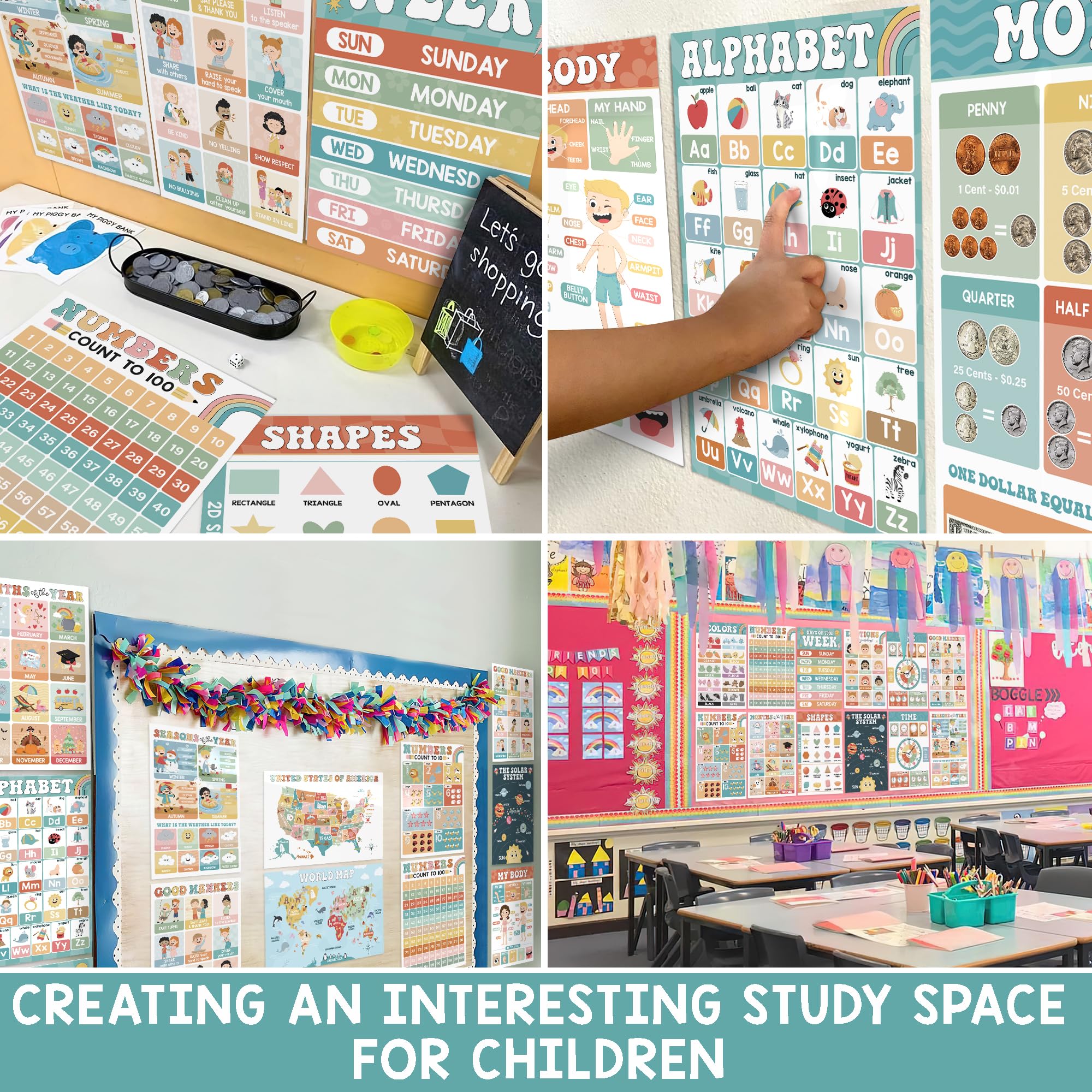 BEAWART 16 Boho Groovy Educational Posters for Preschoolers - Laminated Pre-K and Kindergarten Learning Poster Charts for Toddlers 1-3-5 - Homeschool and Classroom Decor for Kids' Walls - Image 5