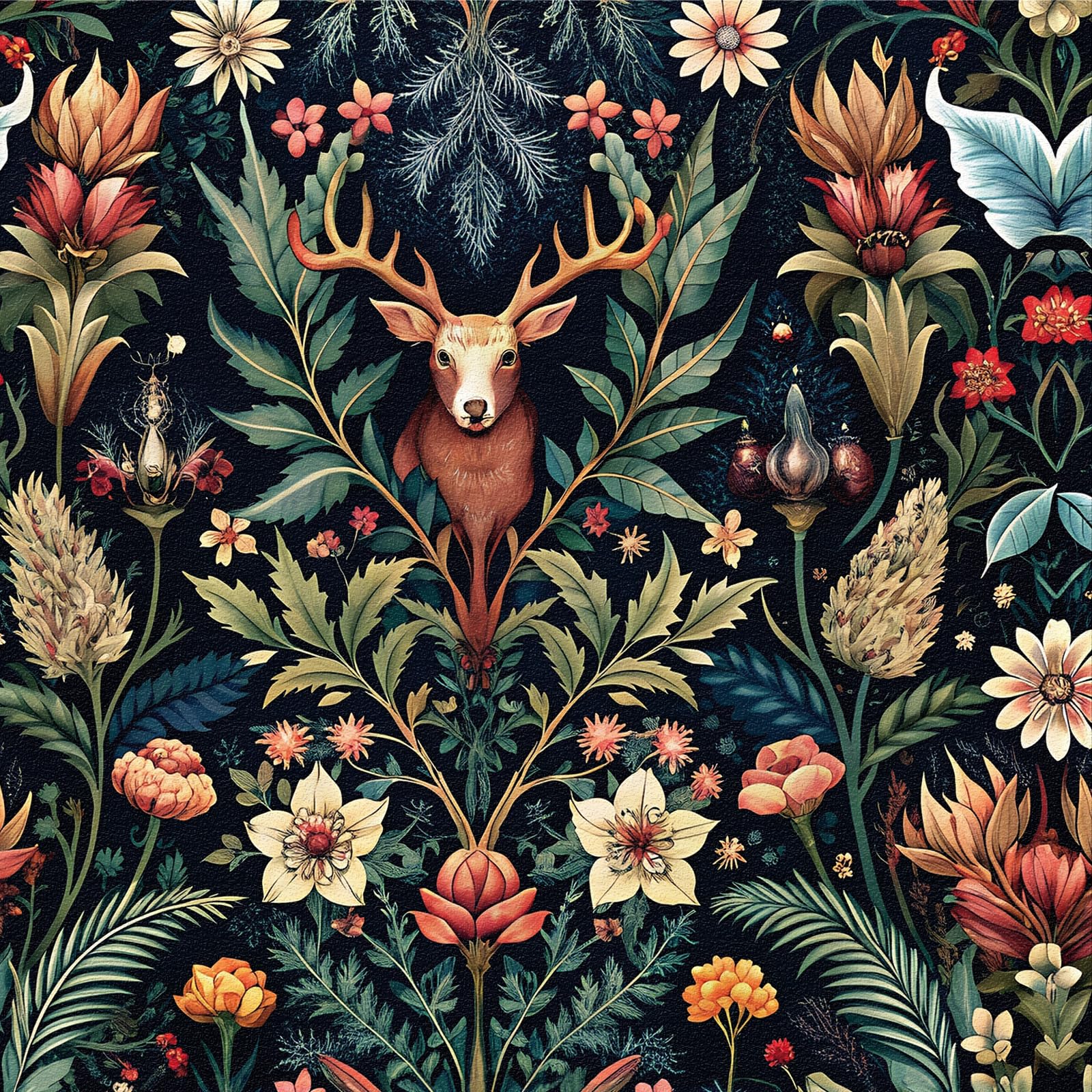 ANLIKY-Pro Self Adhesive Wallpaper Christmas Deer Floral Plant Forest Peel and Stick Contact Paper, 44x300CM Vintage Dark Blue Pattern Removable Wallpaper Decorative Film for Wall Decal