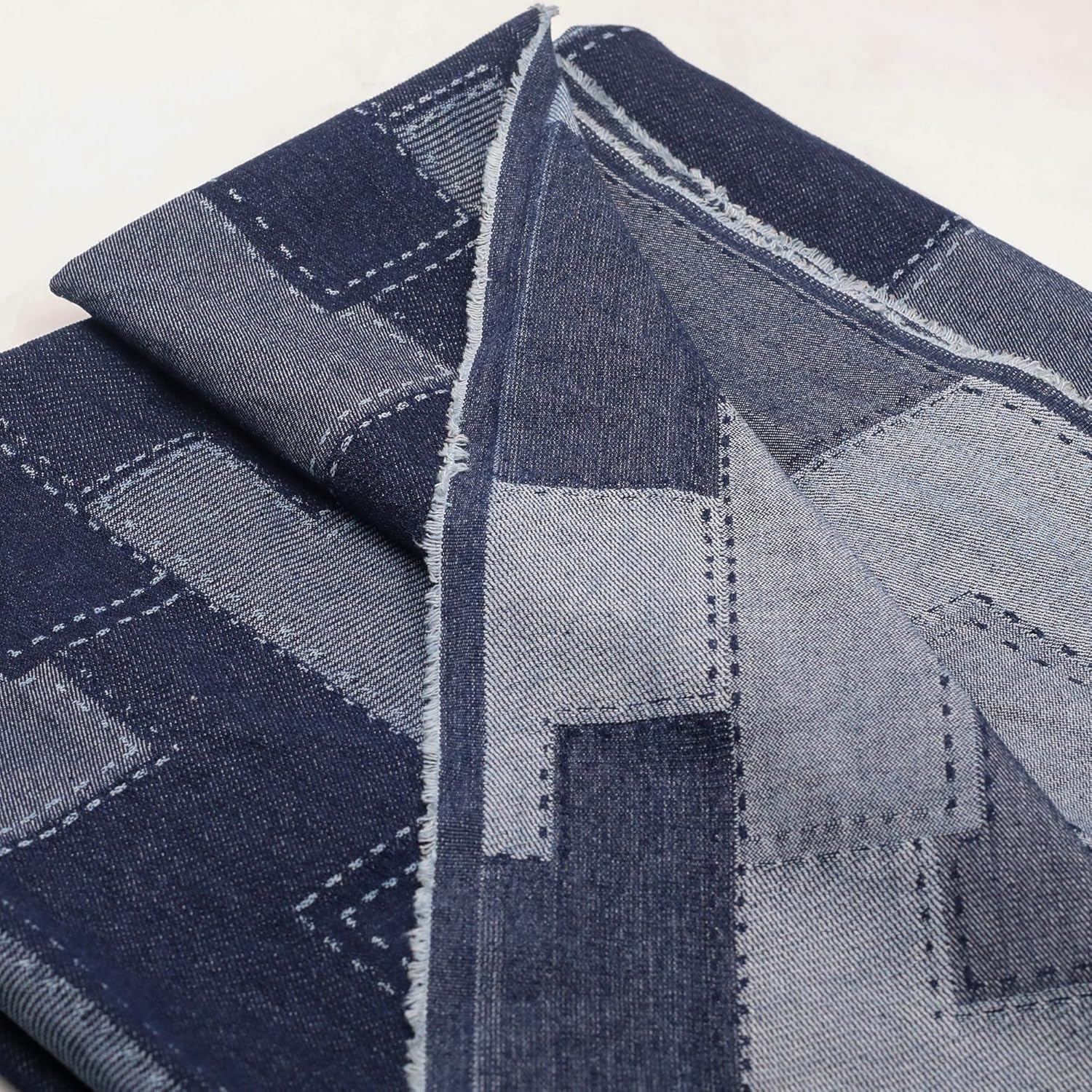 10oz Weight Denim Patchwork Fabric,Deep Blue Square Pattern,Cotton,67 Inches Wide,Pre-Washed,Non-Stretch,Retro Style for DIY Sewing,Jeans,Jackets & Decorative (2 Yard pre Cut)
