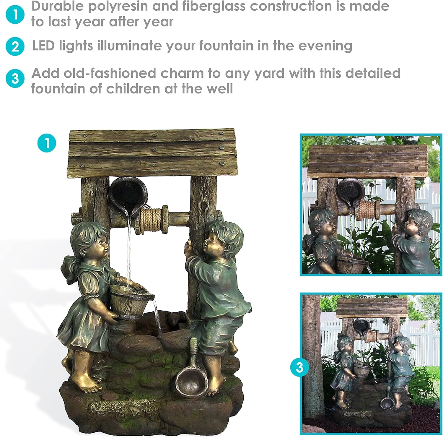 Sunnydaze Children at the Well 39-Inch Electric Water Fountain - with LED Lights and Electric Submersible Pump for Patio, Yard or Deck