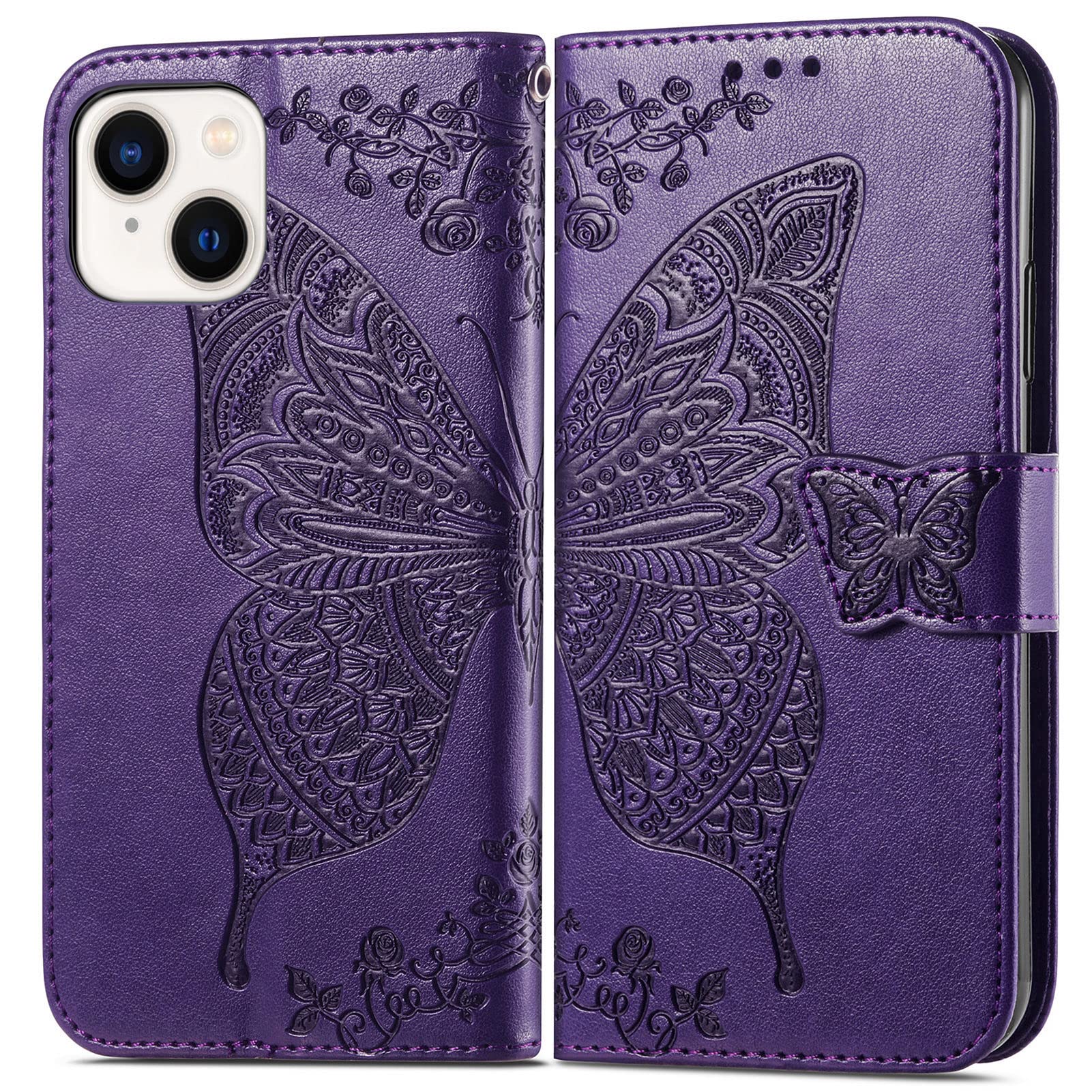 for iPhone 15 Wallet Case,PU Leather Flip Protective Phone Case Wrist Strap Credit Card Holder Pocket Emboss Butterfly Flower Kickstand Case for iPhone 15 Purple