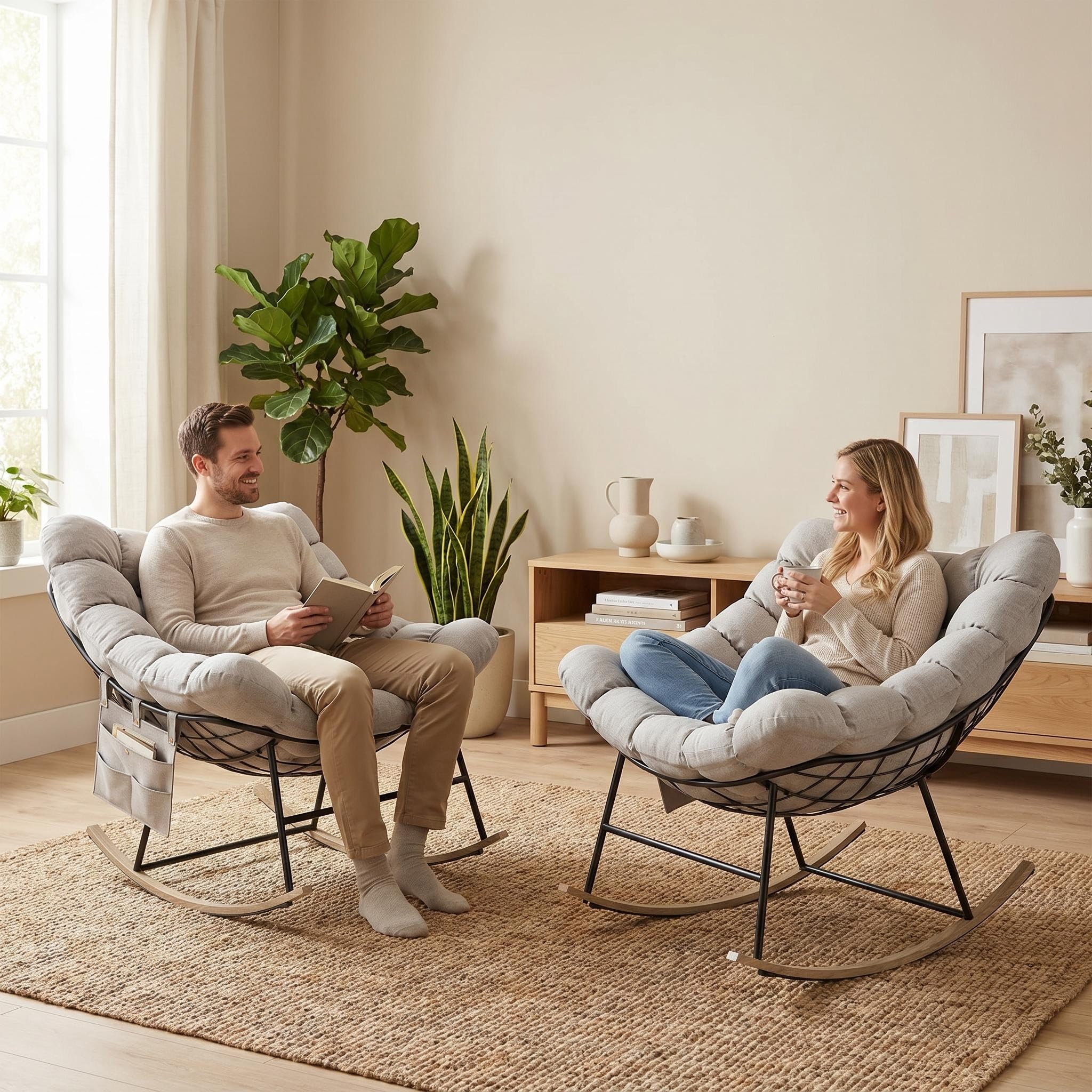 Fiutazge 2 Pezzi Sedia a Dondolo da Esterno,Poltrona Relax Ergonomica a Forma di Uovo per Giardino,Balcone,Veranda e Soggiorno,Portata 180 kg,Beige