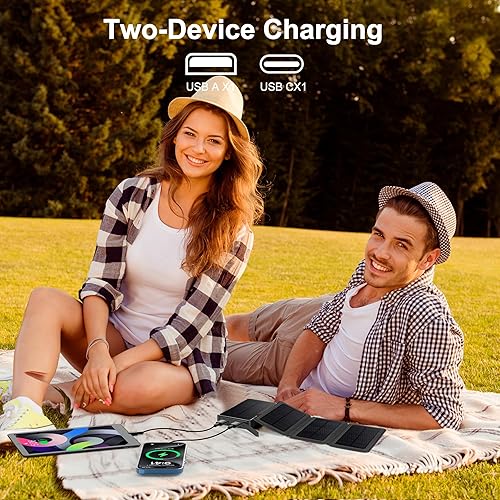 Miniatura 7 de EcoGreen Banco de energía solar de 10000 mAh con carga rápida de 18 W y linterna LED, 4 paneles solares plegables impermeables para senderismo y