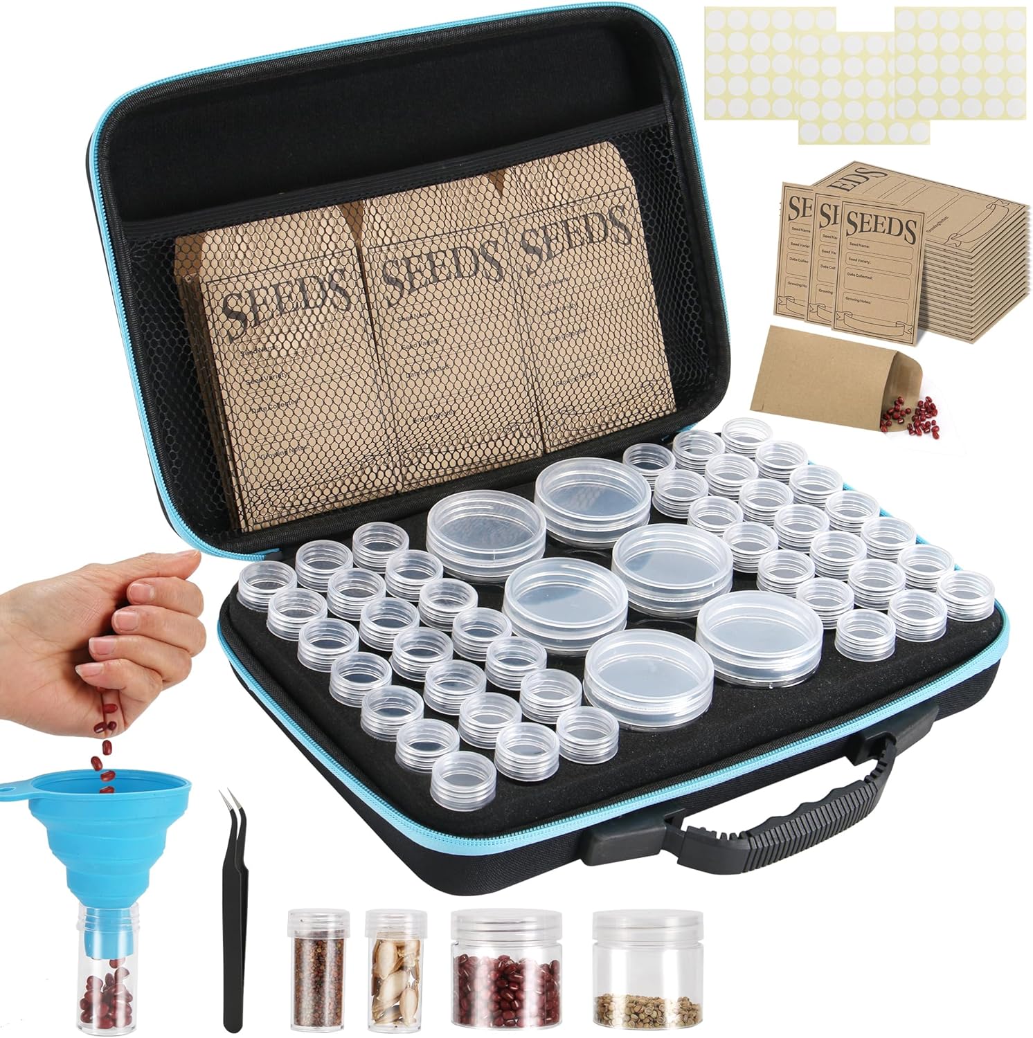 48 Slots Seed Storage Organizer Box, Garden Vegetable Plant Flower Seeds Saving kit with Write Label Funnel Tweezer 2 Sizes Storage Bottles