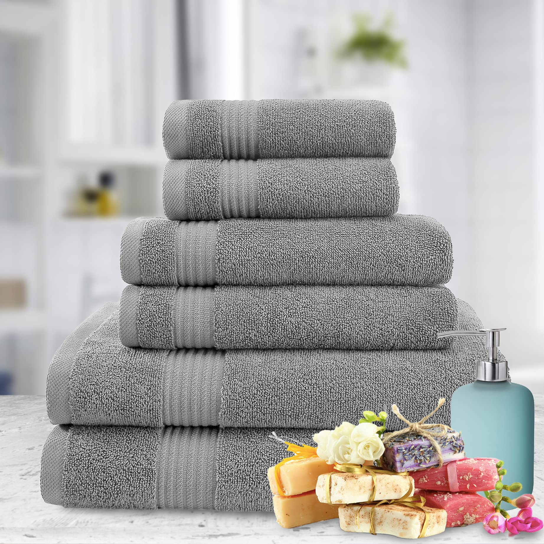 American Veteran Towel, Juego de 6 Toallas turcas para baño, 100% algodón, 2 Toallas de baño, 2 Toallas de Mano, 2 Toallas pequeñas, Color Gris frío
