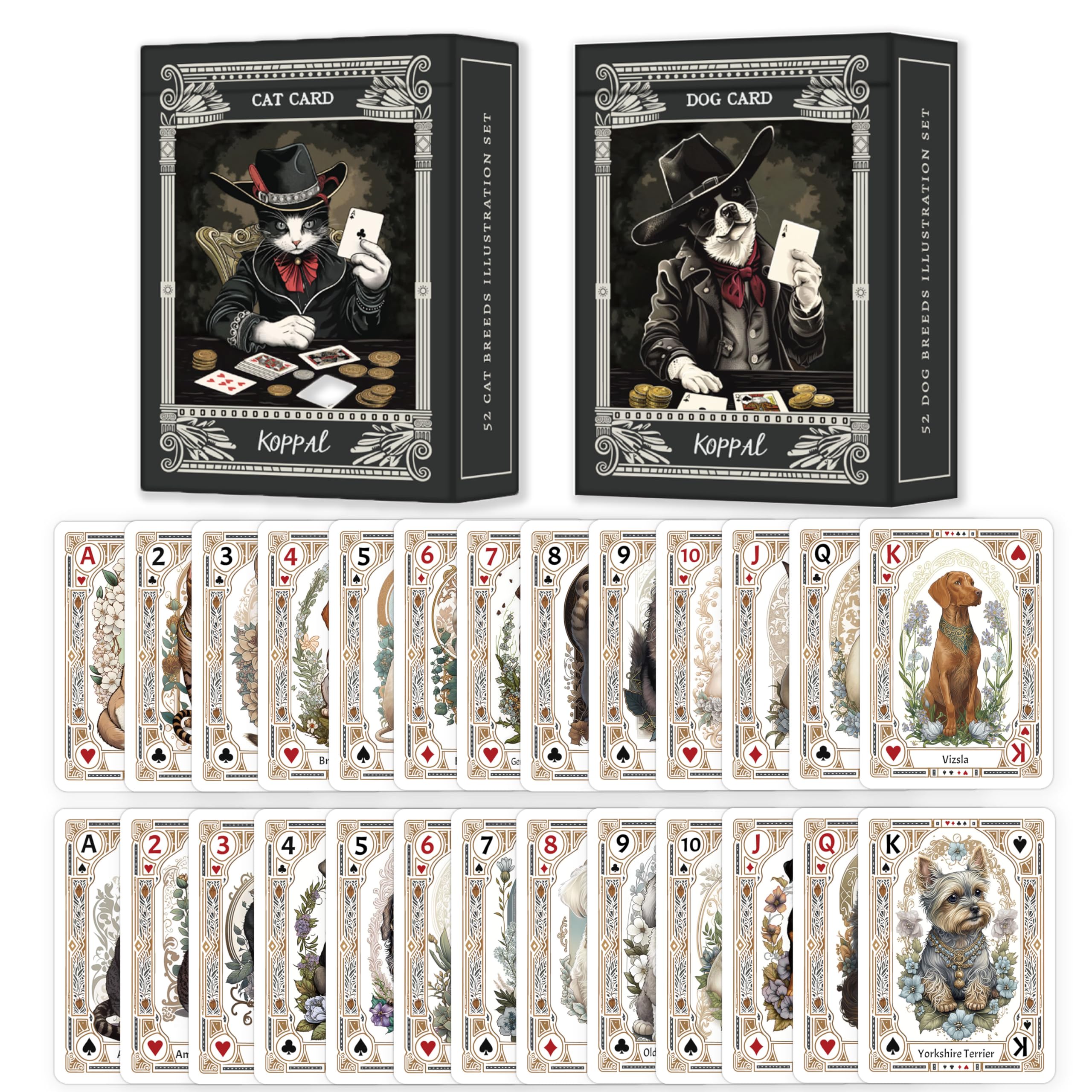 KOPPAL Unique Vintage Cat Dog Portraits Playing Cards, Cute Pet Themed Poker Cards, Featuring Backup Deck,Standard Index(Poker Deck 54 Cards All