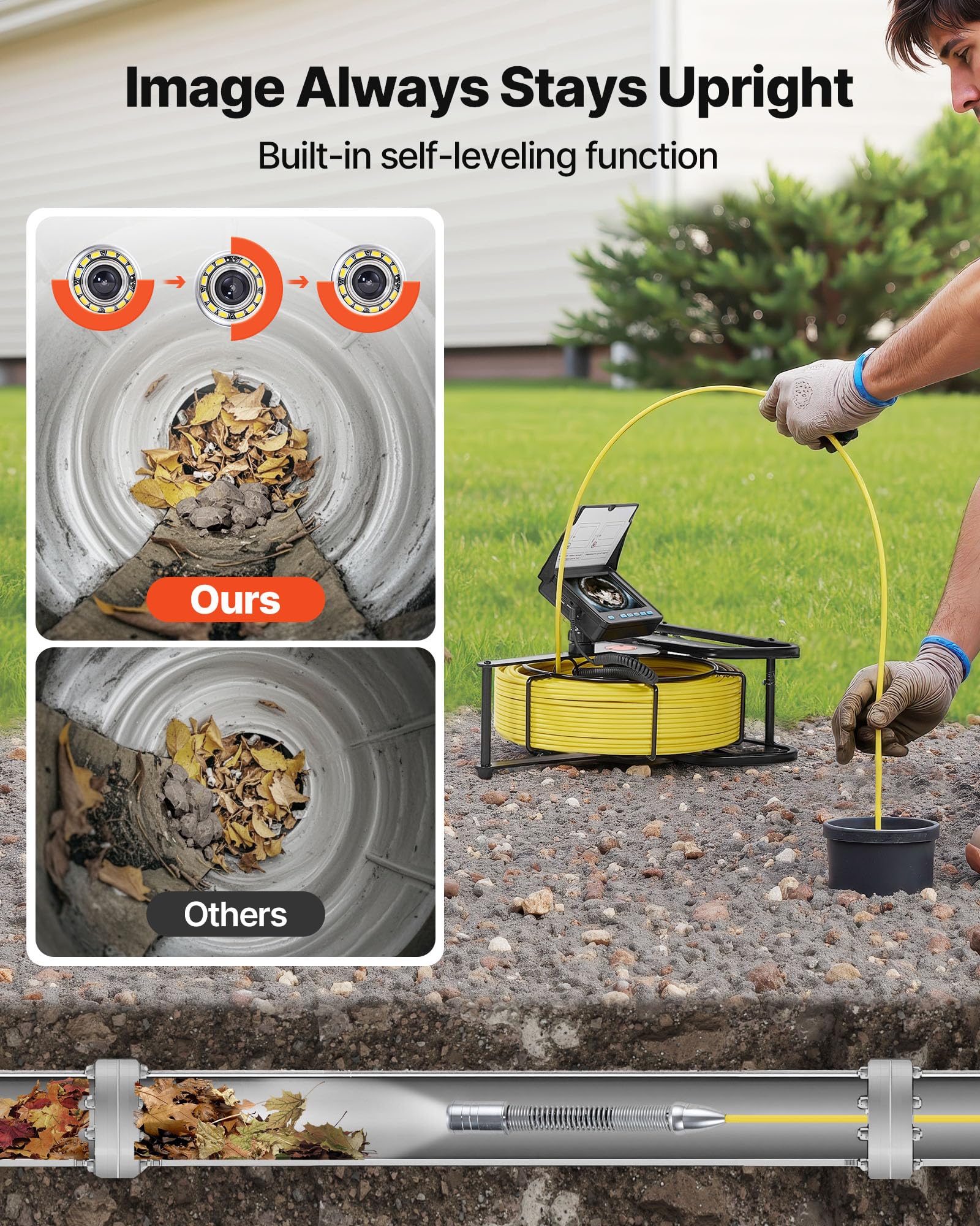 VEVOR Caméra Inspection Canalisation 50 m Caméra Endoscopique Autonivelante Écran HD 11 cm Endoscope Canalisation pour Conduits Égouts Plomberie, Étanche IP68 12 LED Batterie 4500 mAh Carte SD 16 Go