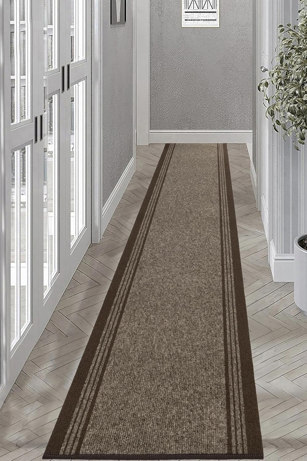 Custom Size Anti-Slip Low Profile Bordered Gray Design Outdoor Carpet Runner (3 ft x 30 in)