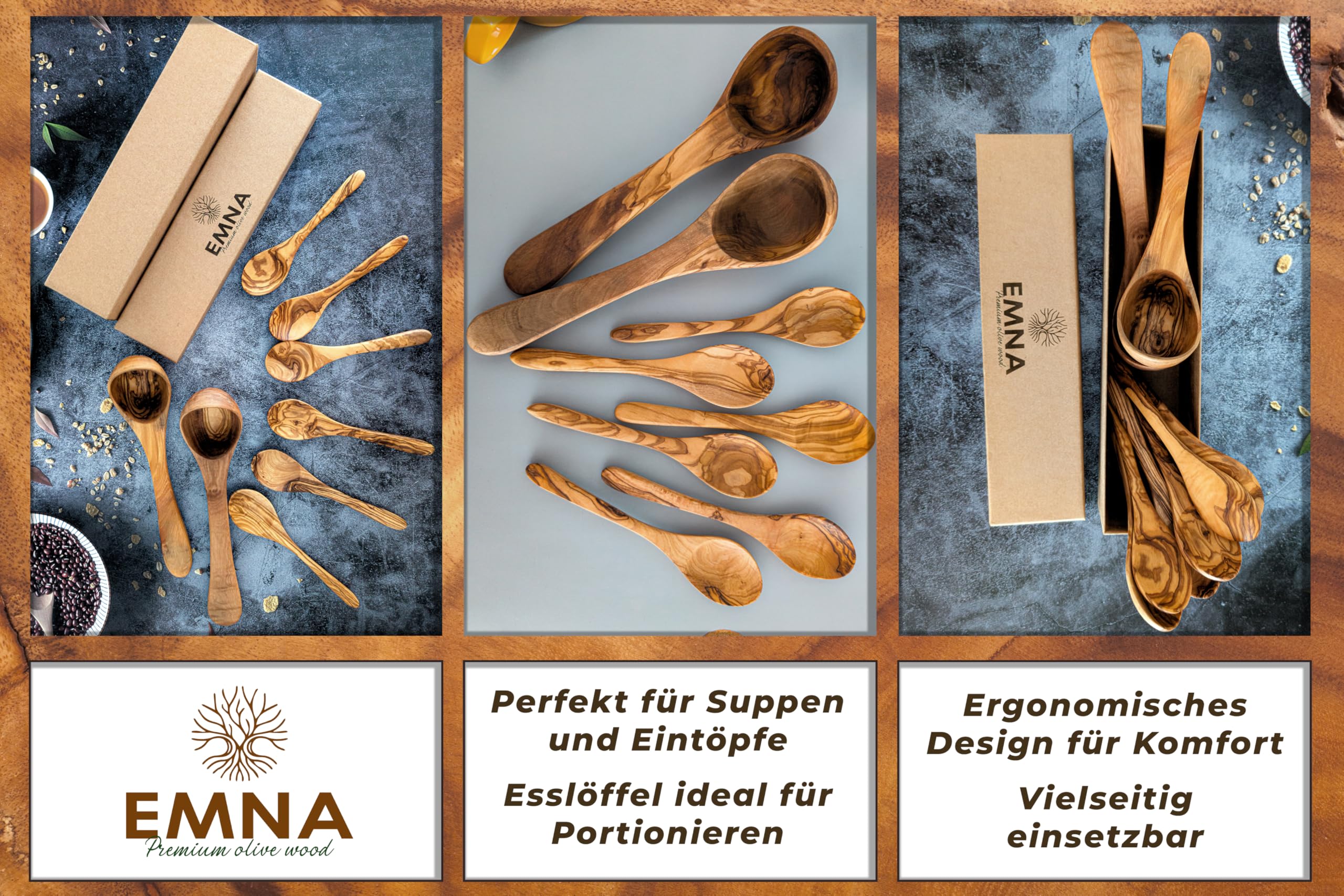 EMNA Lot de 8 pièces : 2 louches + 6 cuillères à soupe en bois d'olivier dans une boîte cadeau | Soupe | Créateur | Noël | Anniversaire | Fête des mères | 5e anniversaire de mariage | Bois | Femme |