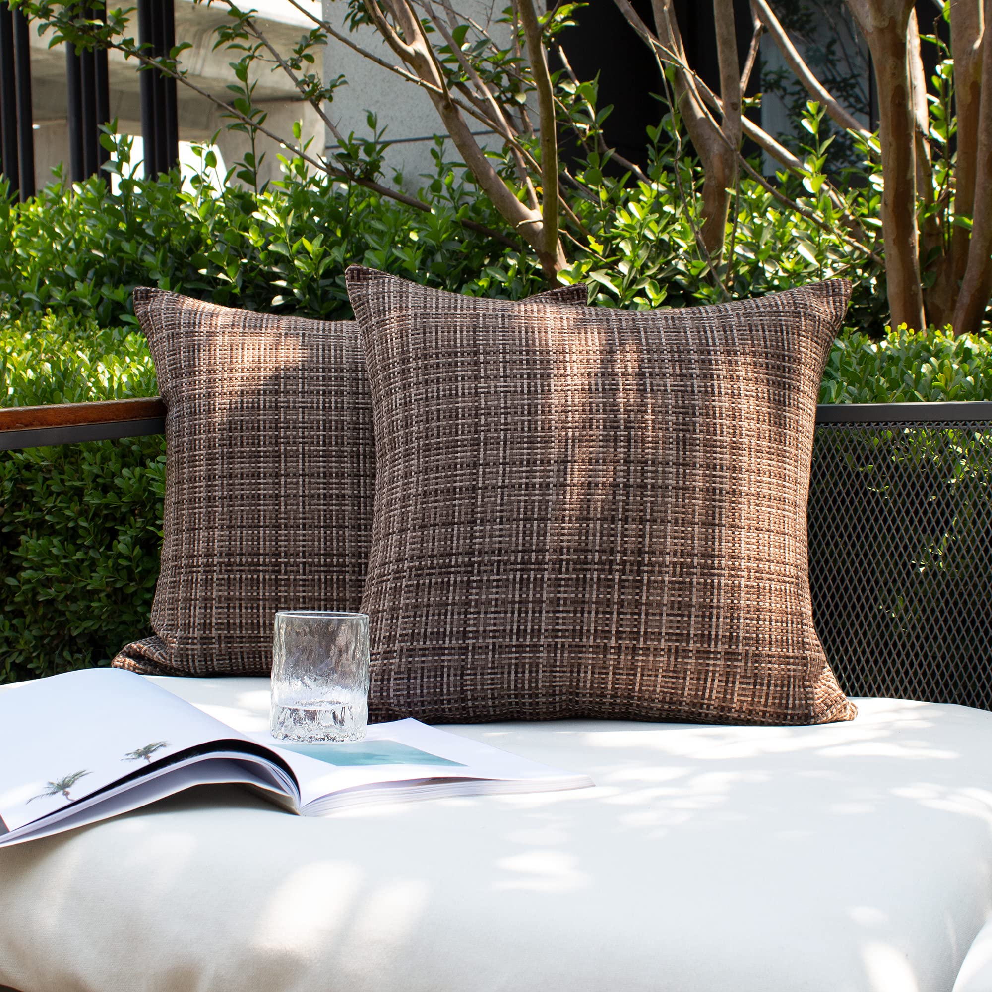 Kevin Textile Pack of 2 Decorative Outdoor Waterproof Throw Pillow Covers Stripe Square Pillowcases Modern Cushion Cases for Patio Couch Bench 18 x 18 Inch Brown