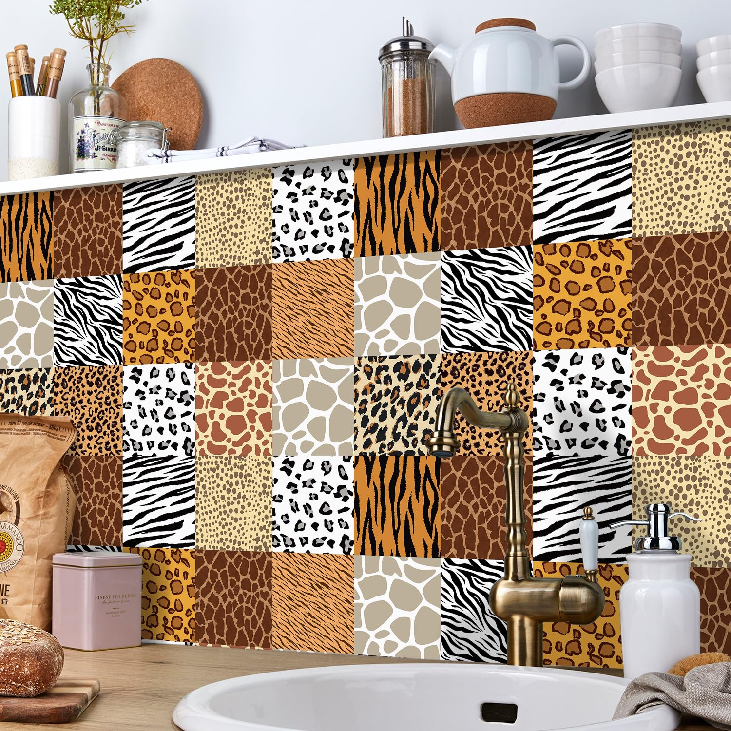 Ulticool Zebra Panthers – Waterproof Stickers - Tiger Zebra Panther Giraffes Safari - 15 X 15 Cm - Pack Of 15 Self-Adhesive Tile Stickers Made Of Foil - Edging For Wall Bathroom - Kitchen Wall Kitchen
