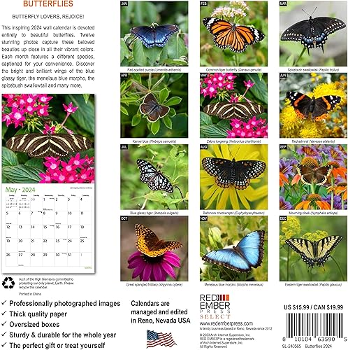Miniatura 2 de Red Ember Select Series - Calendario de pared mensual colgante de mariposas 2024  12 x 24 pulgadas de apertura  Papel grueso y resistente  Regalar