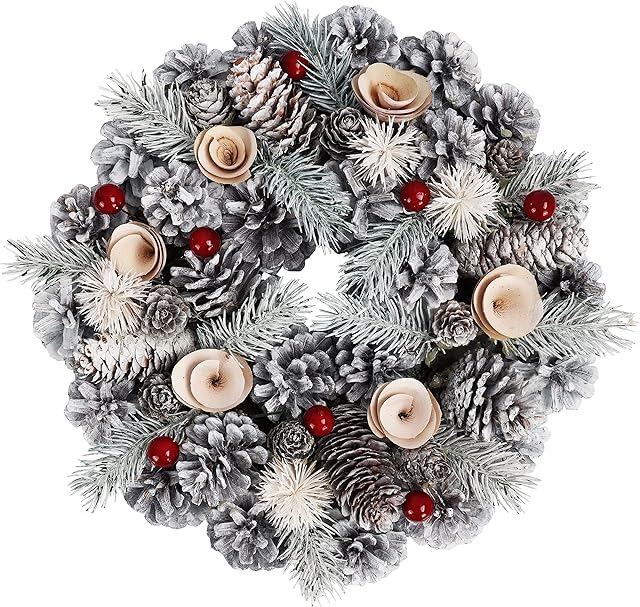 BELLE VOUS 30cm/11.81 Inches Christmas Wreath Decorations- Frosted Winter Artificial Pine Cone Garland with Red Holly Berries -Hanging Xmas Ornaments Front Door Decor for Window, Wall & Stairs