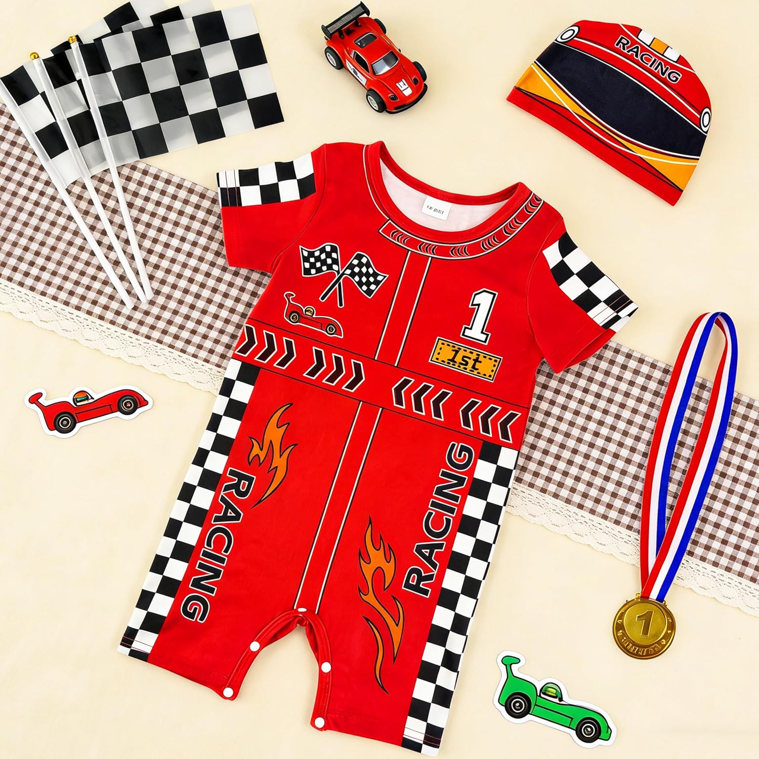 6pcs Fast One Birthday Outfit Baby Boy Toddler Romper 0-2T | 3 Sizes | Includes Multiple Accessories | Comfortable & Skin-Friendly and High Elasticity Fabric | Great Gift Idea