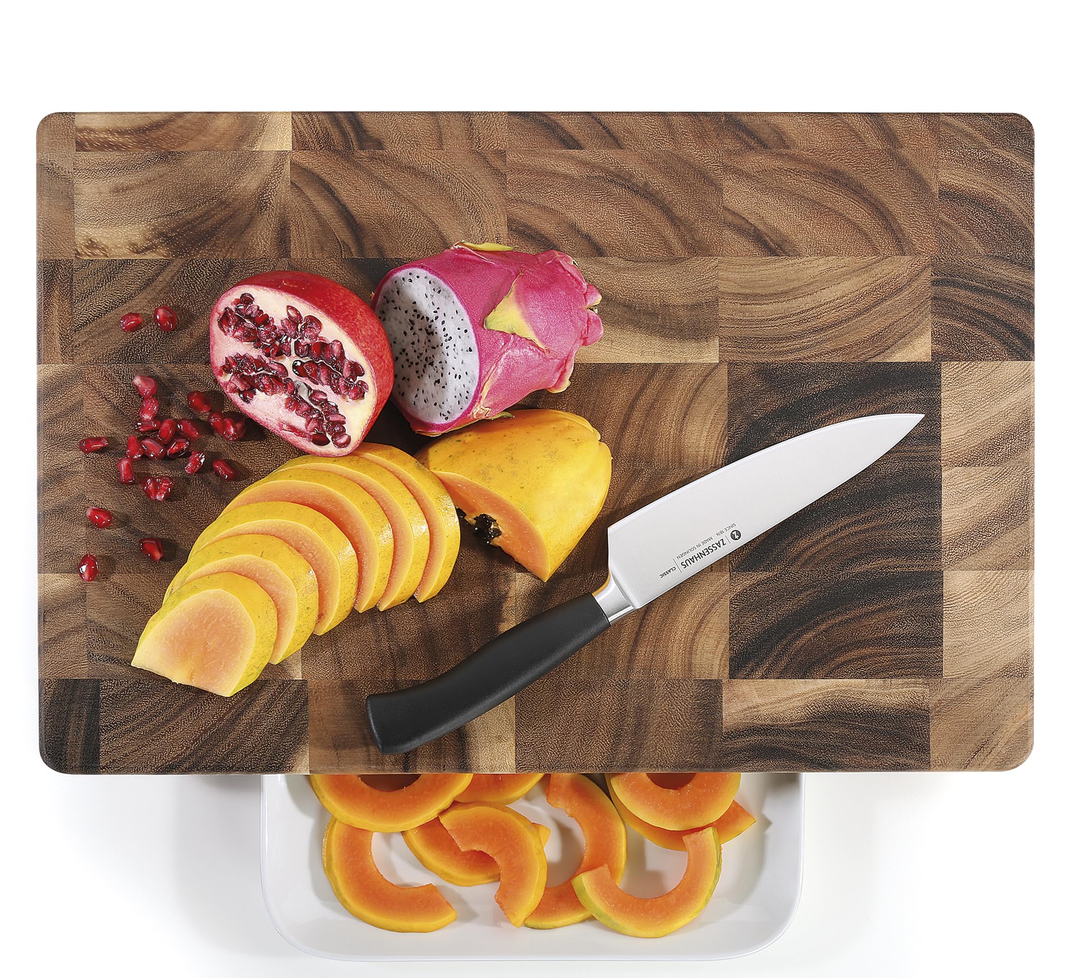 Zassenhaus Hackblock Stirnholz, 45×30×8,5 cm, Akazienholz, rutschfeste Füße | Schneidblock aus Stirnholz, messerfreundlich, für Fleisch, Gemüse und Brot, pflegeleicht, nachhaltig, langlebig