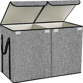 YOLOXO Large Kids Toy Box Chest Storage organizer with Double Flip-Top Lid - Collapsible Sturdy Toy Organizers And Storage Bins With Big Handles For Nursery, Playroom, 26.8"x13.8"x16"(Grey)