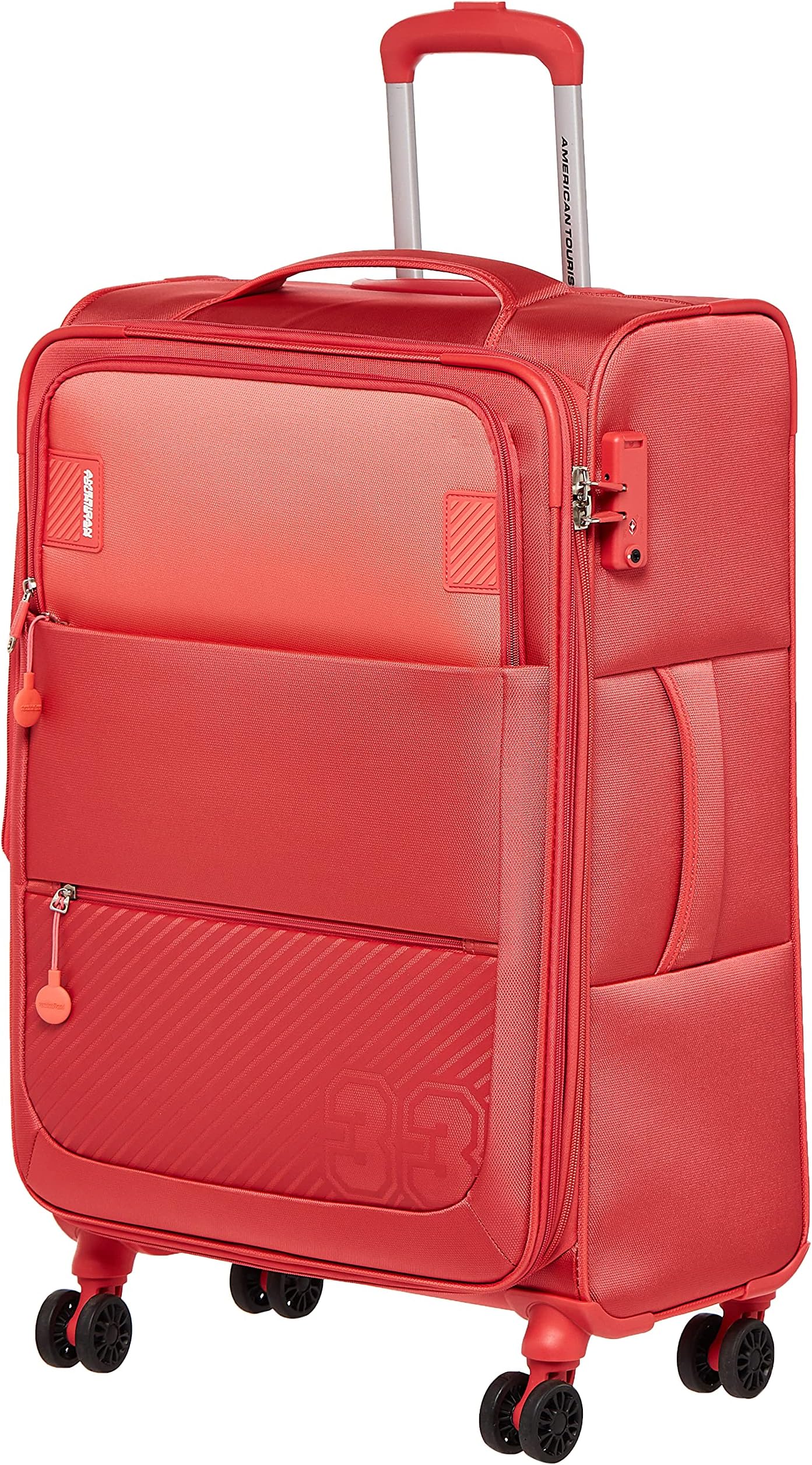 American Tourister Majoris + Suitcase, 4 Spinner Wheels, Soft Top, 100% Polyester, Blue|Corner Guards|Front Pocket|TSA Combination Lock|Expandable|Retractable Aluminum Handle - 3 Years Global Warranty