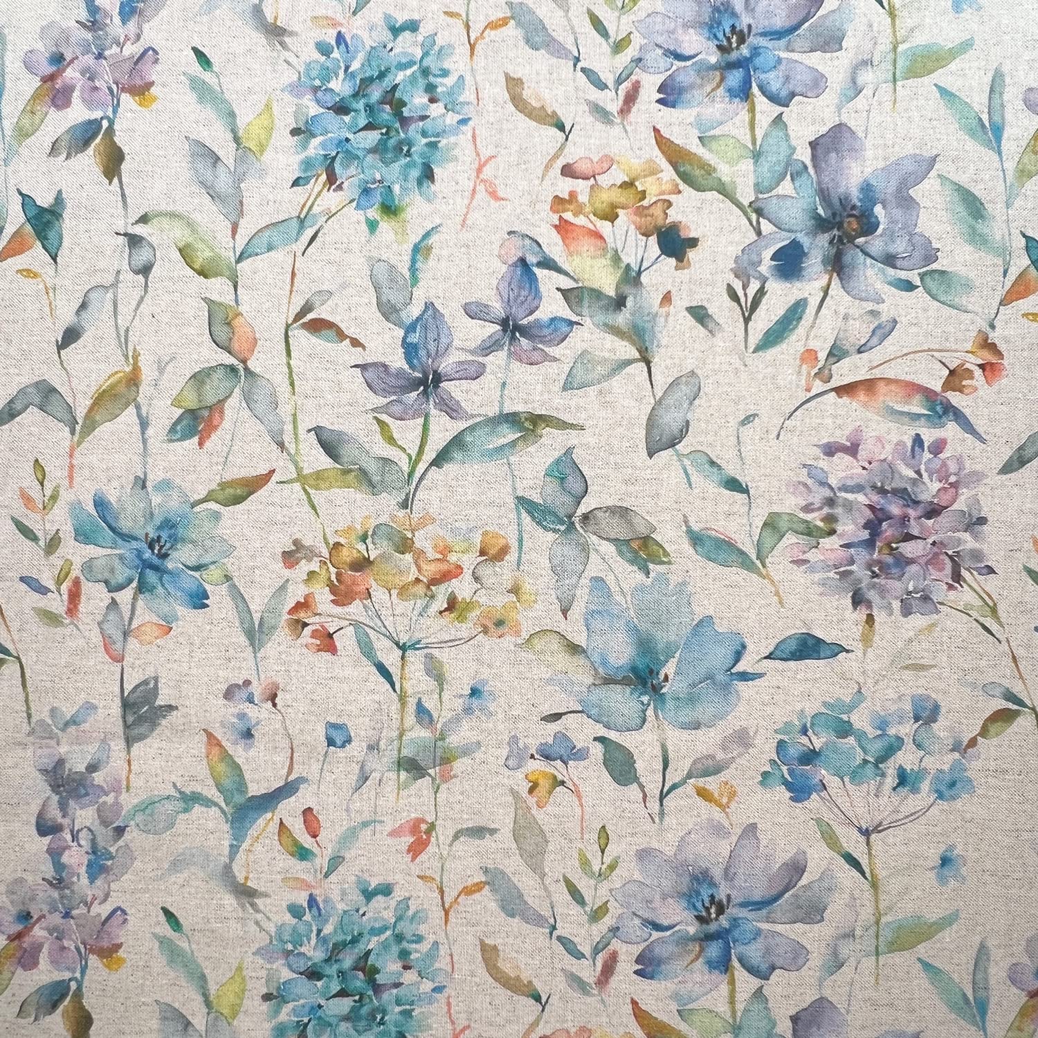 Organic Linen Look Fabric - Floral Canvas Upholstery Material - 140CM / 55" Wide - Sold Per Metre - Cushions Blinds Curtains Bag Making (Giardino Peacock Blue)