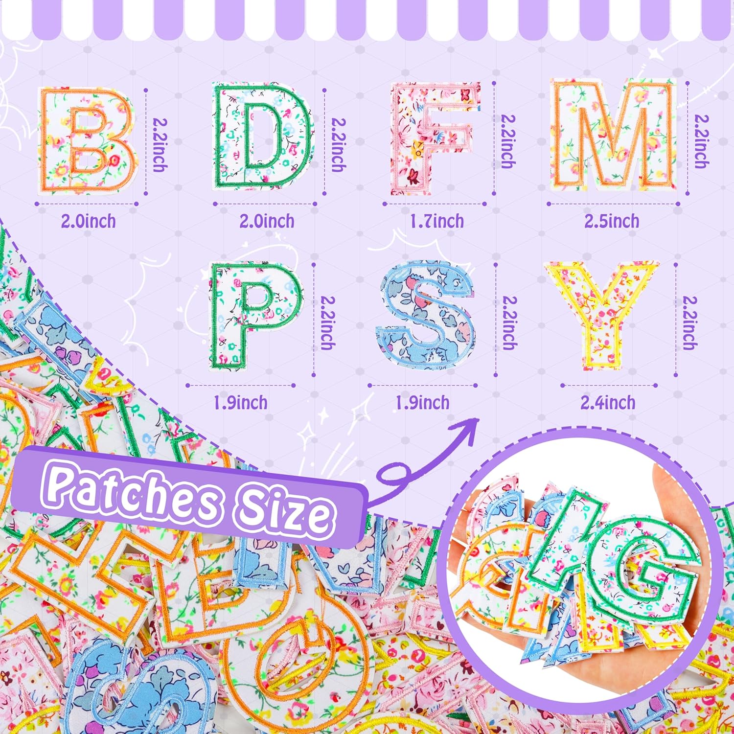 キッズバッグ用自己粘着レターパッチ:NICEVINYL 52個 フローラルファブリック 代表チーム文字 スティックオンパッチ キャッ