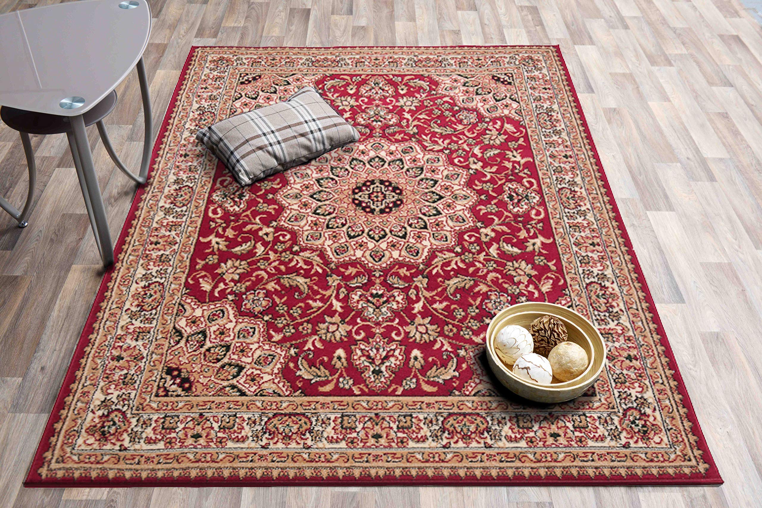 Carpeto Teppich Flur 100x150cm Rot Klassisch Traditionell Weich Kurzflor | Teppich für Eingangsbereich Büro Küche Wohnzimmer Schlafzimmer Pflegeleicht Tierfreundlich Allergikerfreundlich Synthetisch