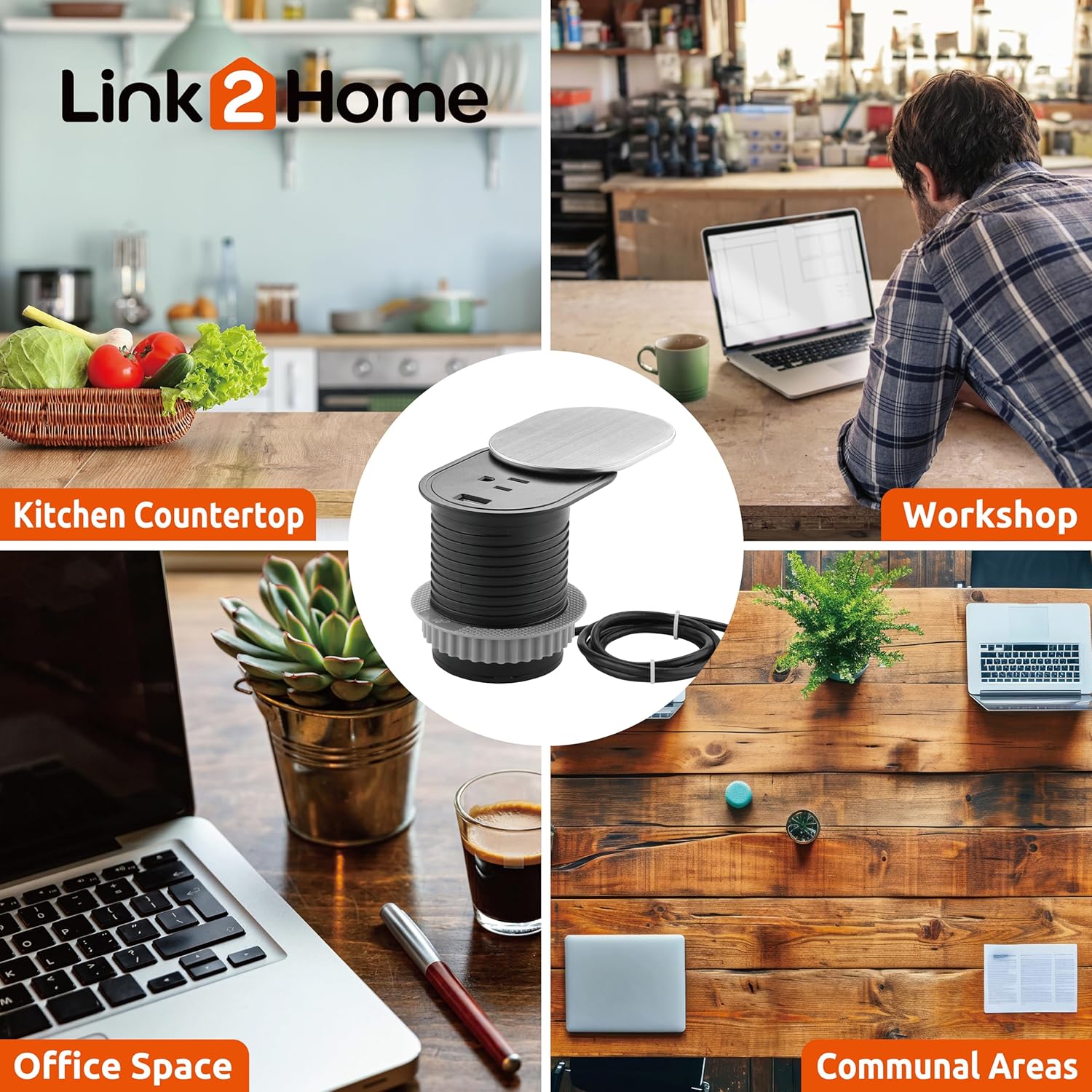 Link2Home Space Saver Grommet Socket with USB, 1 Power Outlet 15A, 1 USB Port 2.4A Fast Charge, Splash Resistant, and Stainless-Steel Finish