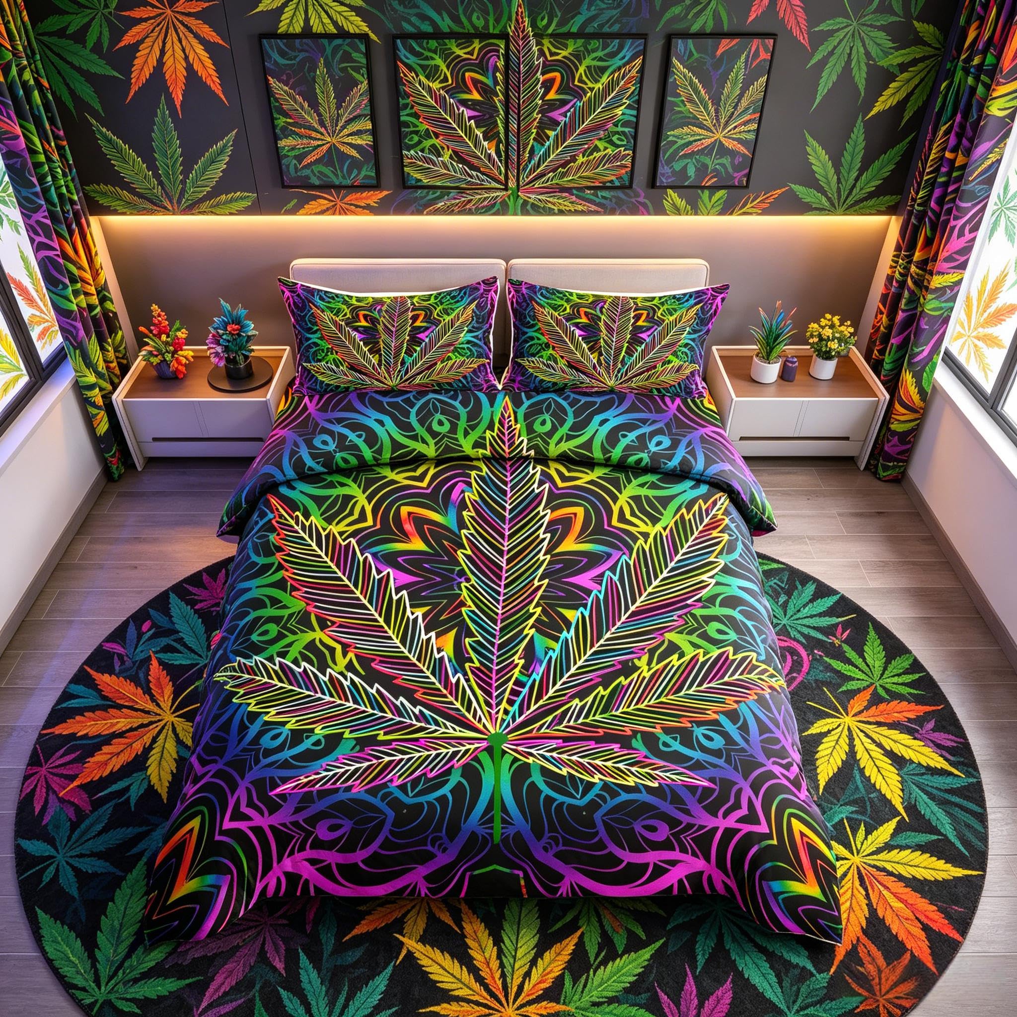Loussiesd Marijuana Leaf Bedding Set for Men Adults Cannabis Leaves Comforter Cover Marijuana Weed Leaf Print Duvet Cover Room Decor Psychedelic Colorful Botanical Bedspread Cover Single Size 2Pcs