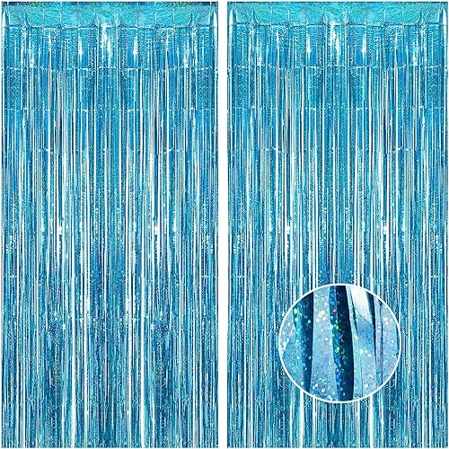 Paquete de 2 cortinas de flecos de papel de oropel azul claro de 3.3 x 8.2 pies, cortinas de flecos de oropel azul claro para fiestas, bodas,