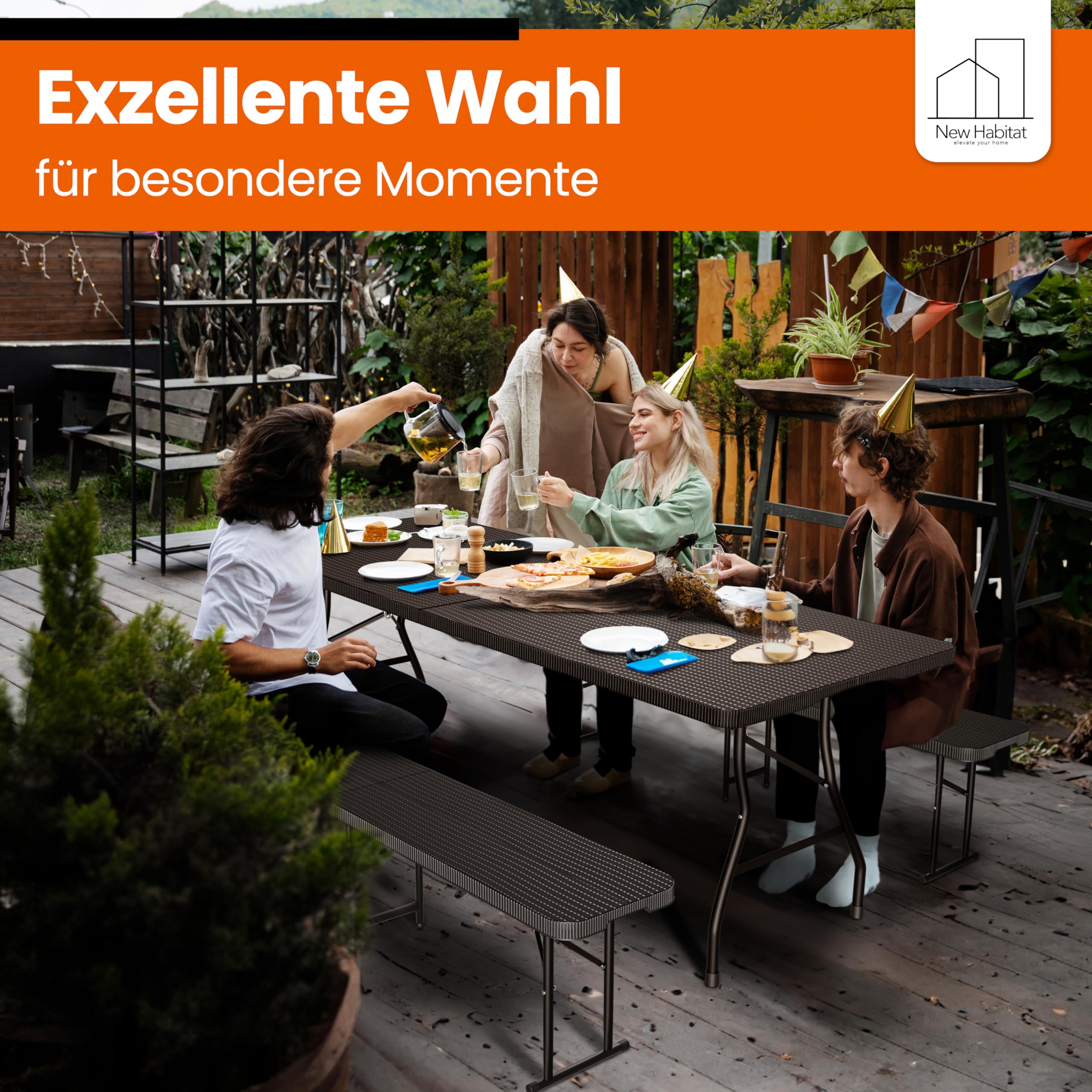 NewHabitat Kunststoff Bierzeltgarnitur Klappbar I 3er Set, Tisch + 2 x Bank mit Tragegriffe, Biertischgarnitur, Festzeltgarnitur, Bierbank klappbar, HxBxT: 75x180x75 cm (Schwarz)